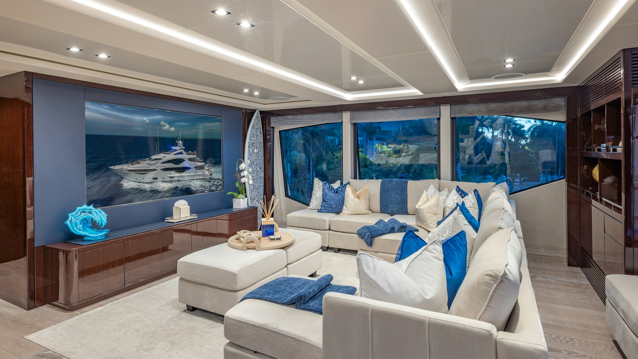 a room with a large screen aboard CAPTAIN MORGAN III Yacht for Charter