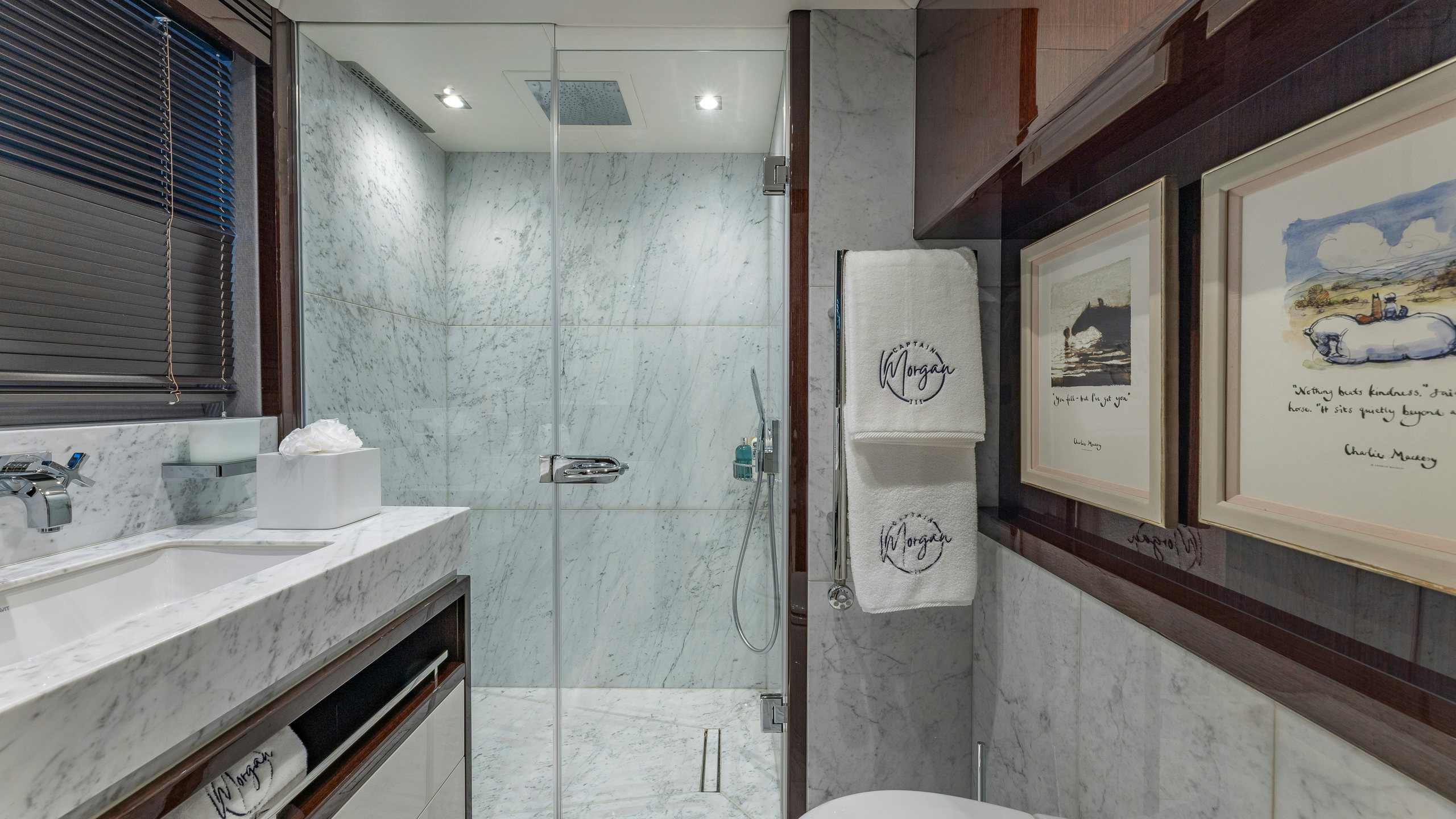 a bathroom with a shower aboard CAPTAIN MORGAN III Yacht for Charter