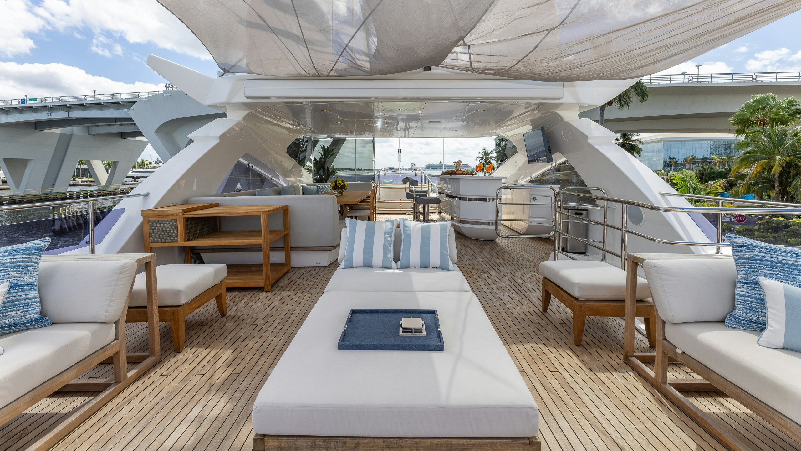 a deck with chairs and tables aboard CAPTAIN MORGAN III Yacht for Charter