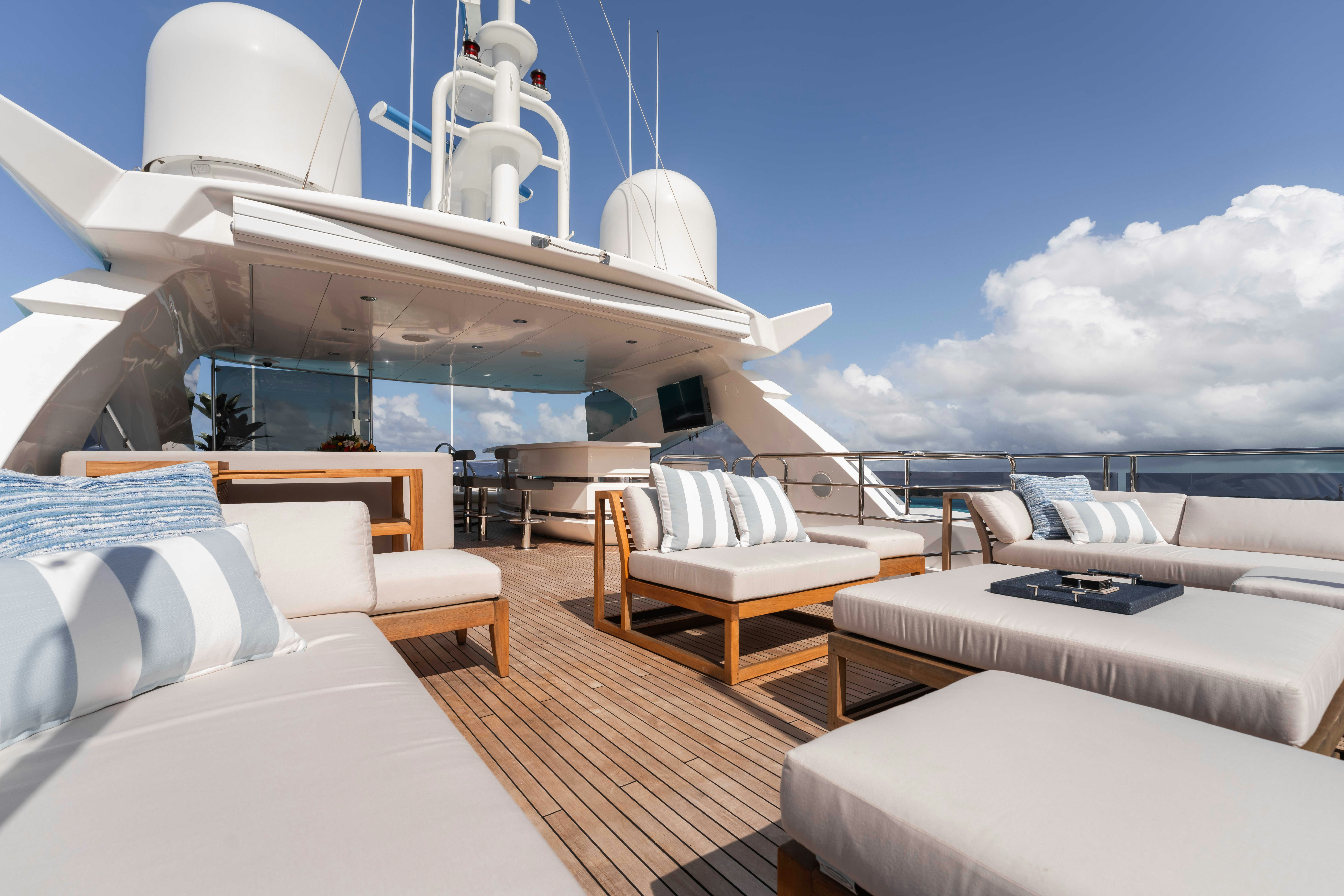 a room with a large white building aboard CAPTAIN MORGAN III Yacht for Charter