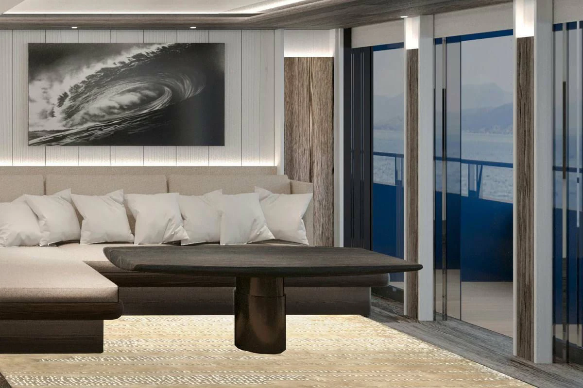 a large bed in a room aboard LES CINQ Yacht for Sale