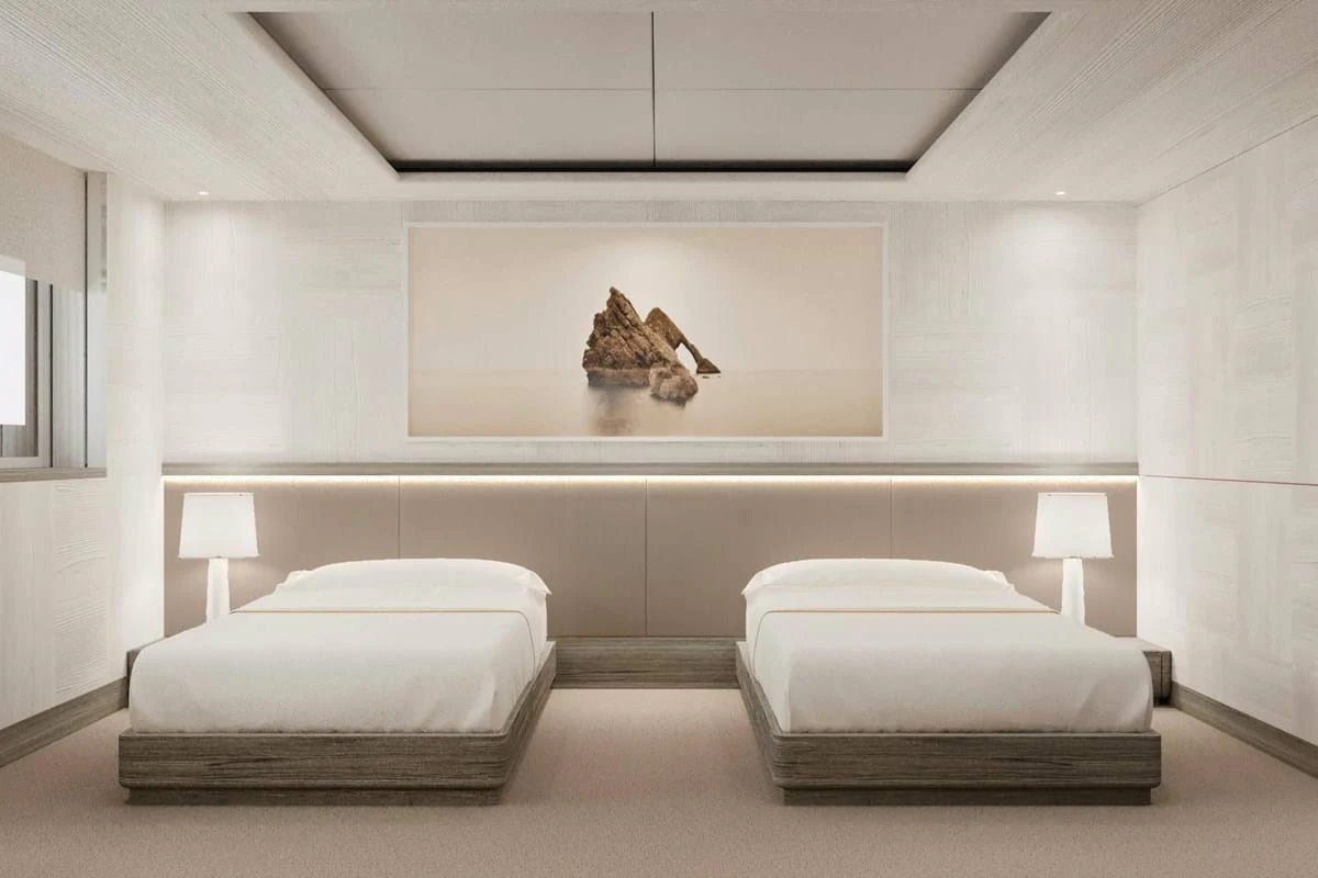 a room with two beds aboard LES CINQ Yacht for Sale