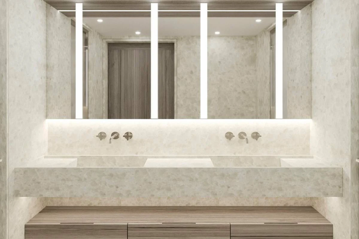 a bathroom with a large mirror aboard LES CINQ Yacht for Sale