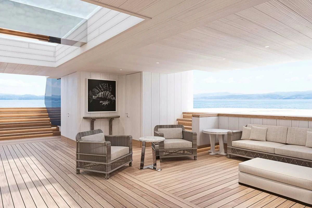 a living room with a wood floor aboard LES CINQ Yacht for Sale