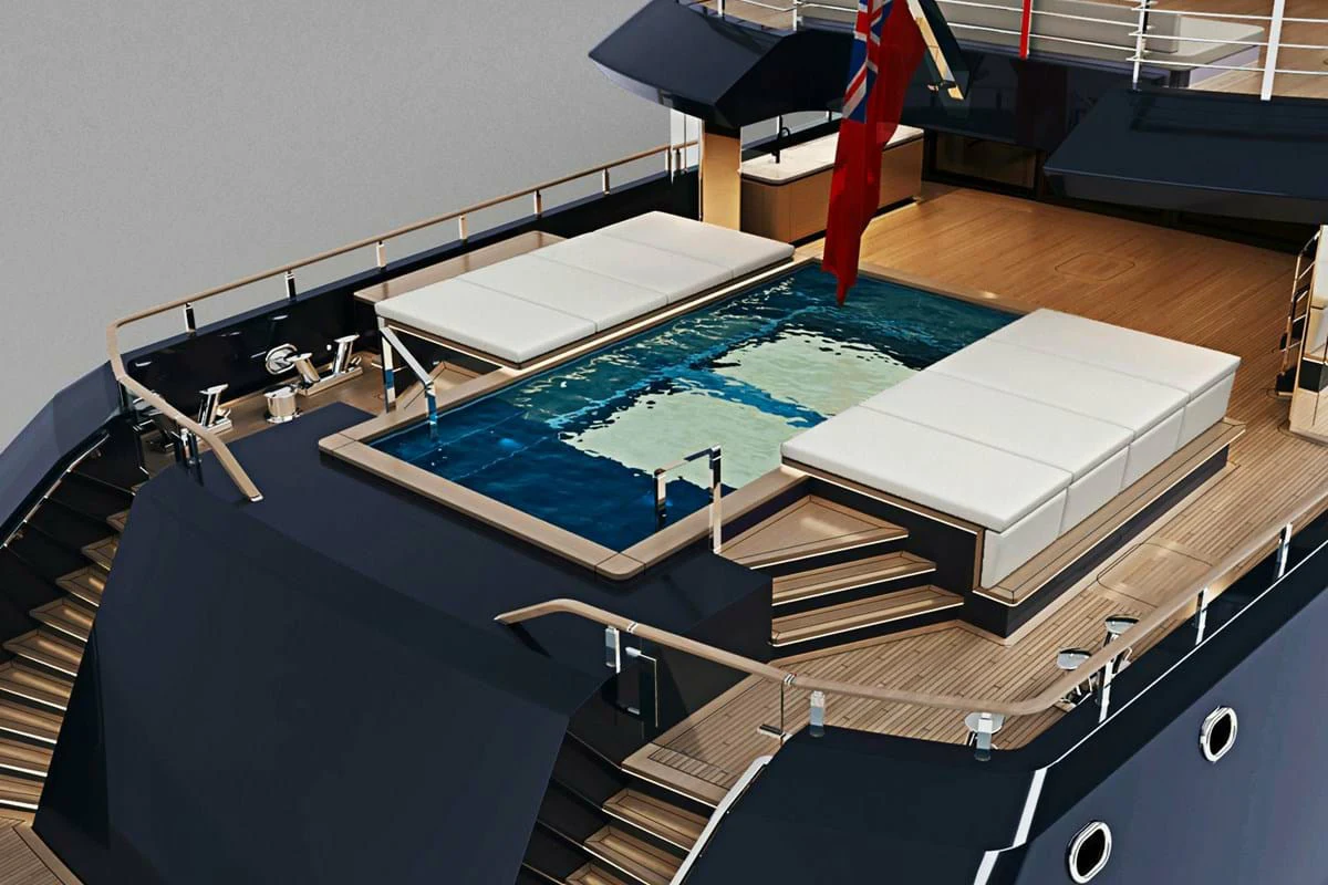 a model of a swimming pool aboard LES CINQ Yacht for Sale