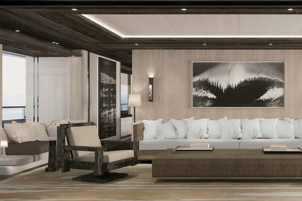 a living room with a large painting aboard LES CINQ Yacht for Sale