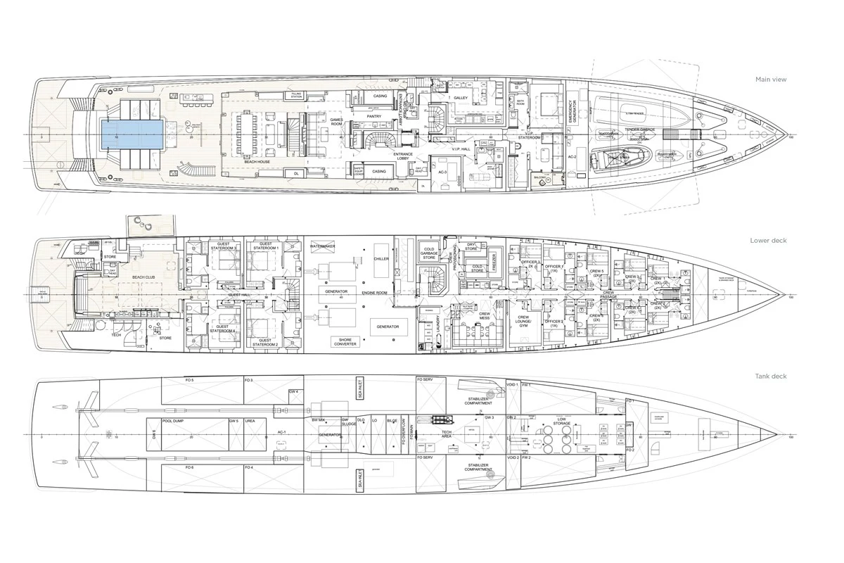 diagram, engineering drawing aboard LES CINQ Yacht for Sale