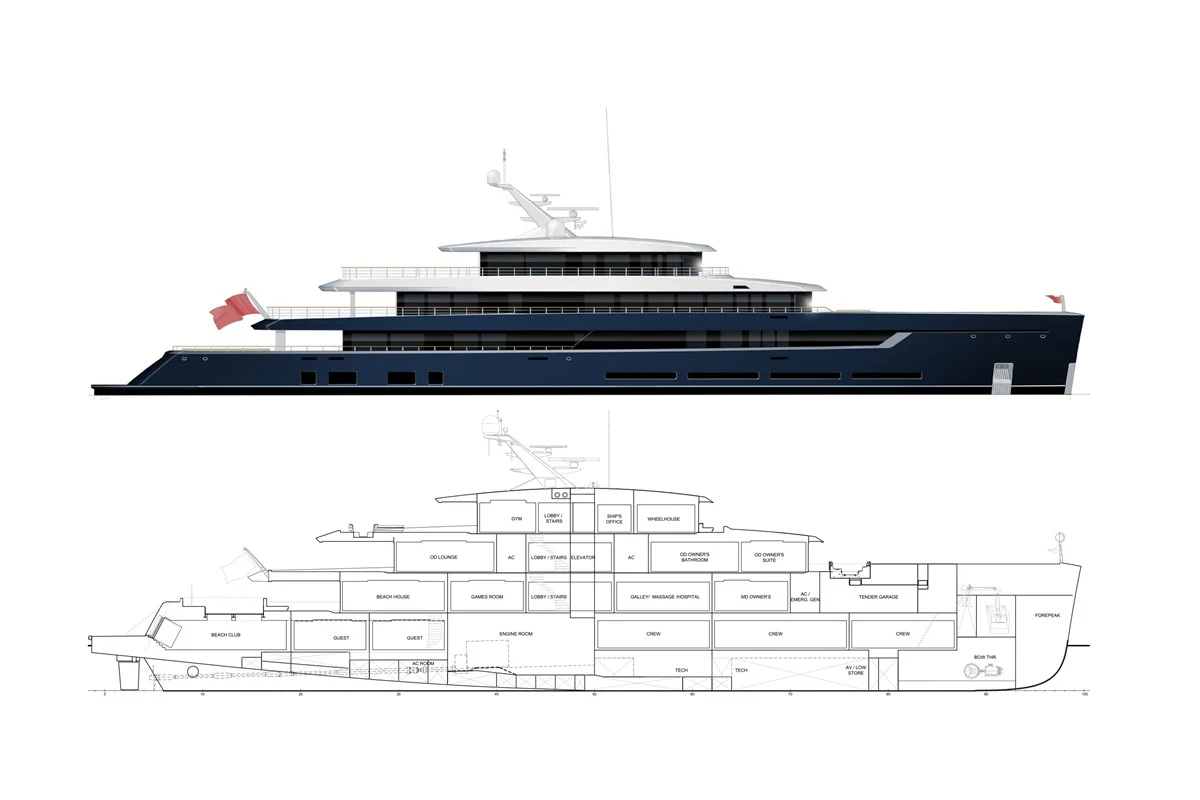 diagram, engineering drawing aboard LES CINQ Yacht for Sale