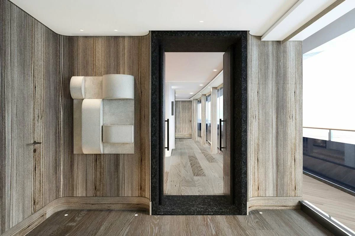 a room with a wood wall and a mirror aboard LES CINQ Yacht for Sale