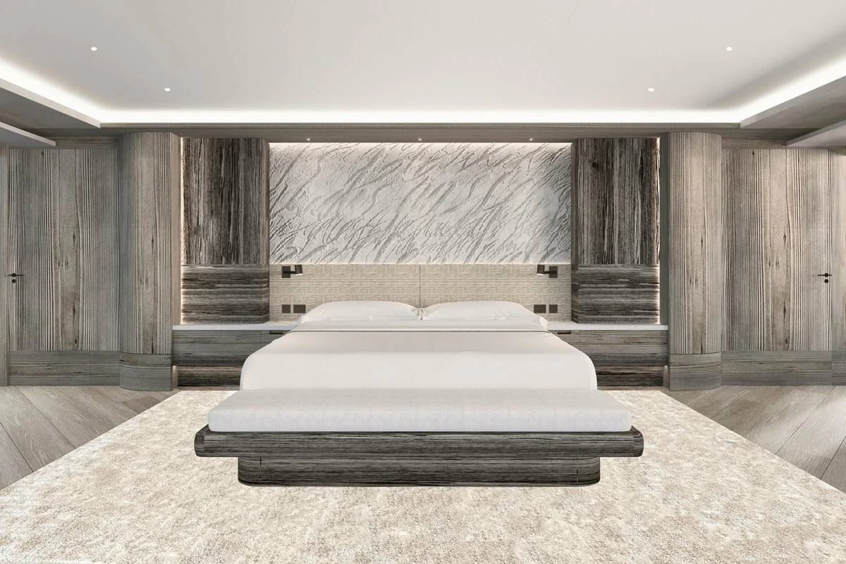 a large room with a bed aboard LES CINQ Yacht for Sale