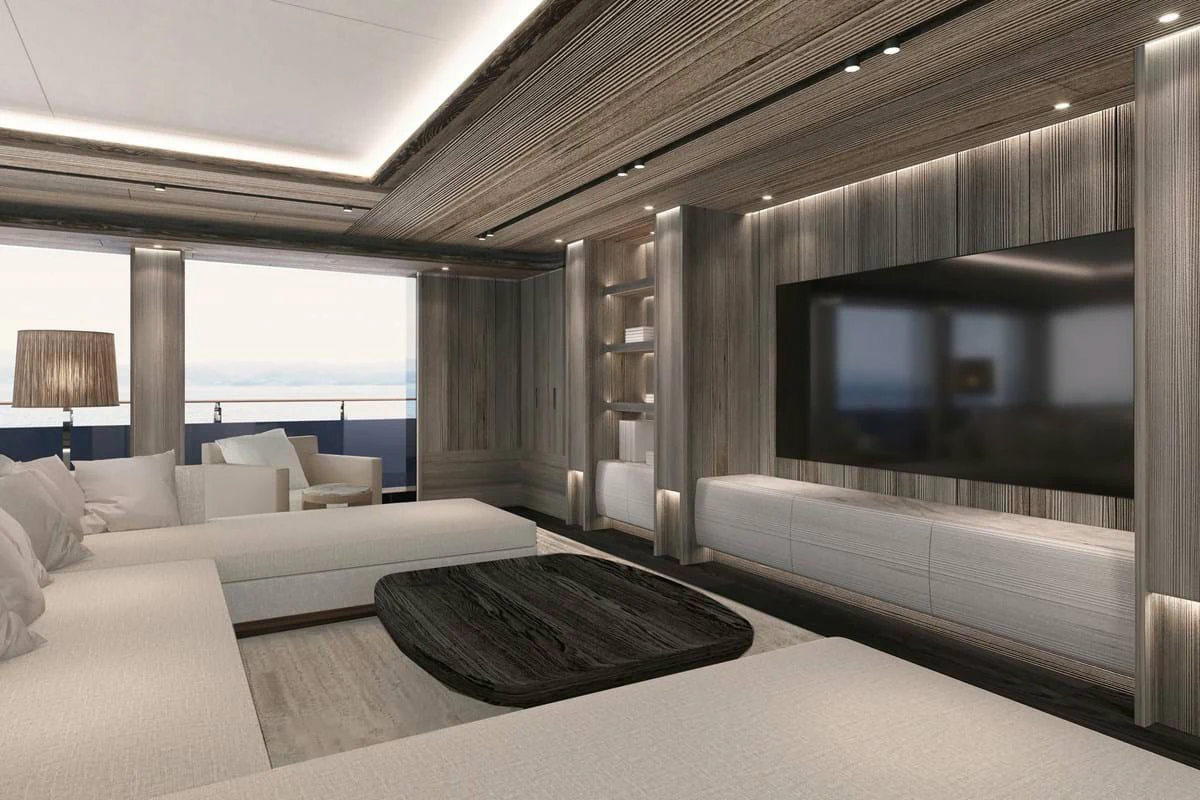 a room with a large tv aboard LES CINQ Yacht for Charter