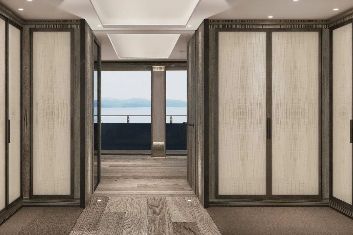 a room with a large glass door aboard LES CINQ Yacht for Charter