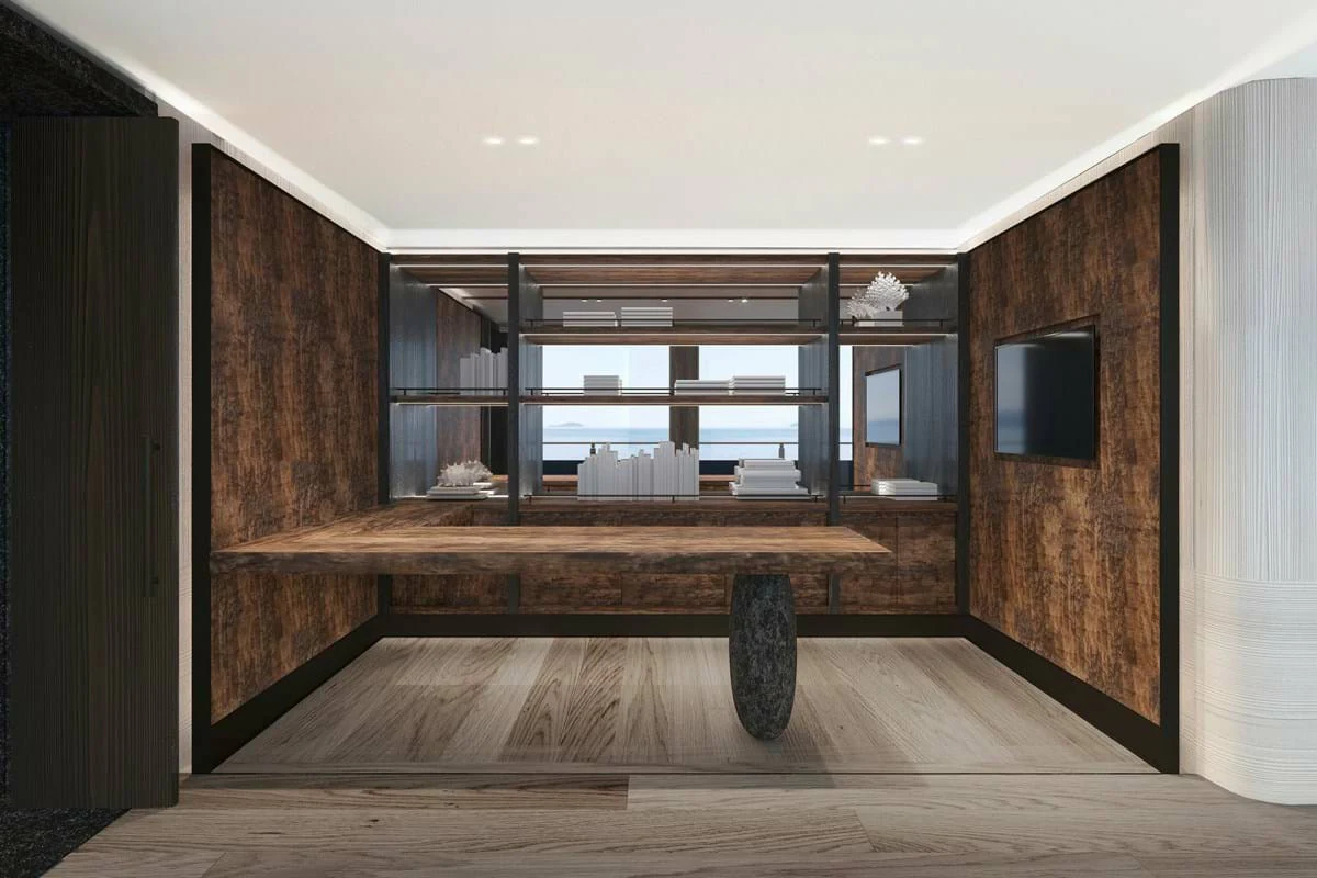a room with a wood floor and a tv on the wall aboard LES CINQ Yacht for Charter