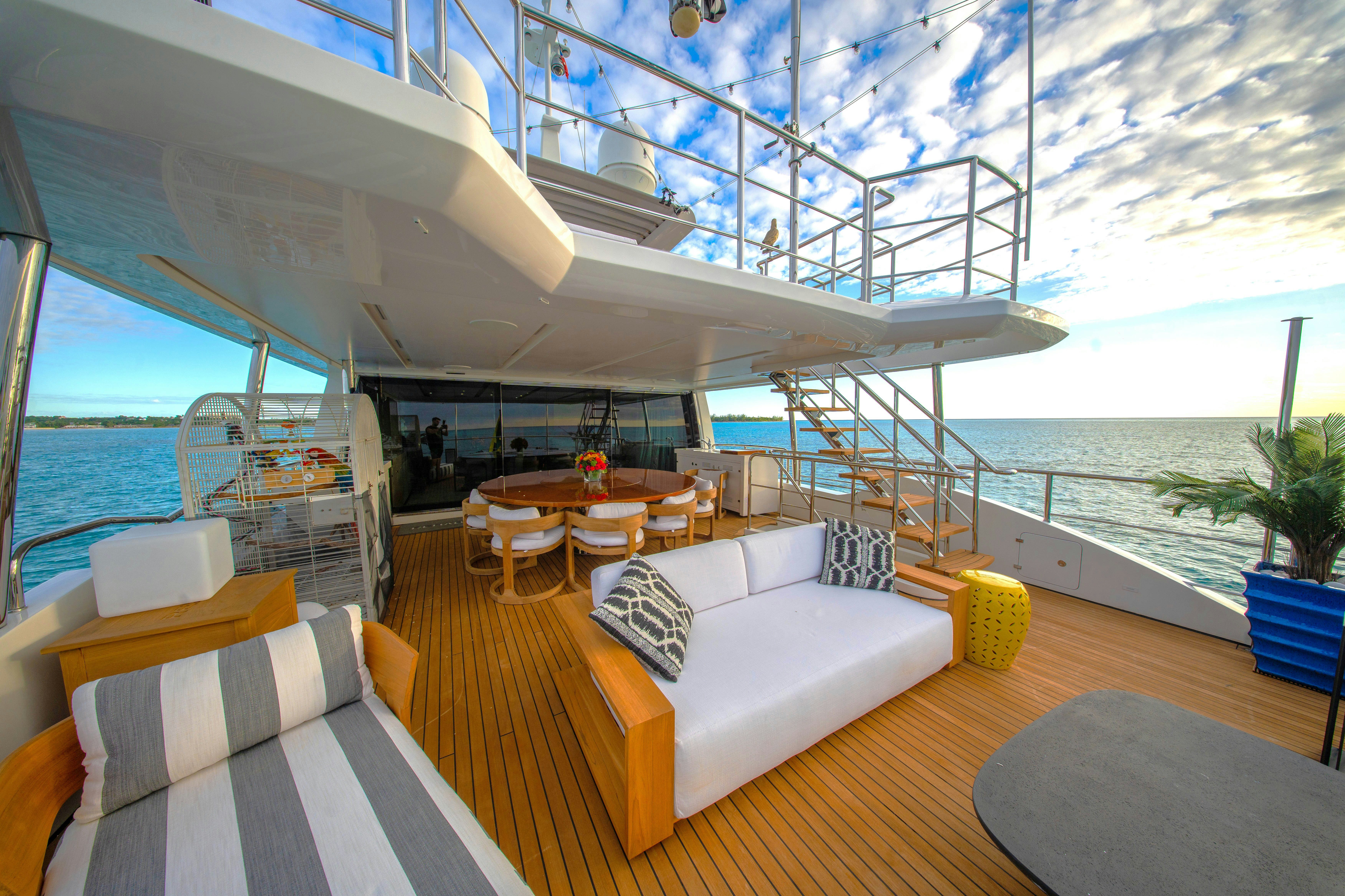 a large white boat on a deck aboard REHAB Yacht for Sale