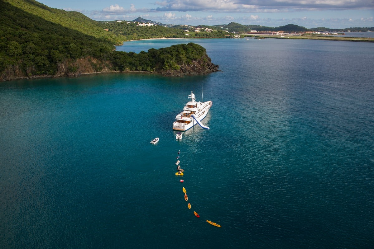 a boat with a rope attached to it in the water aboard TELEOST Yacht for Charter