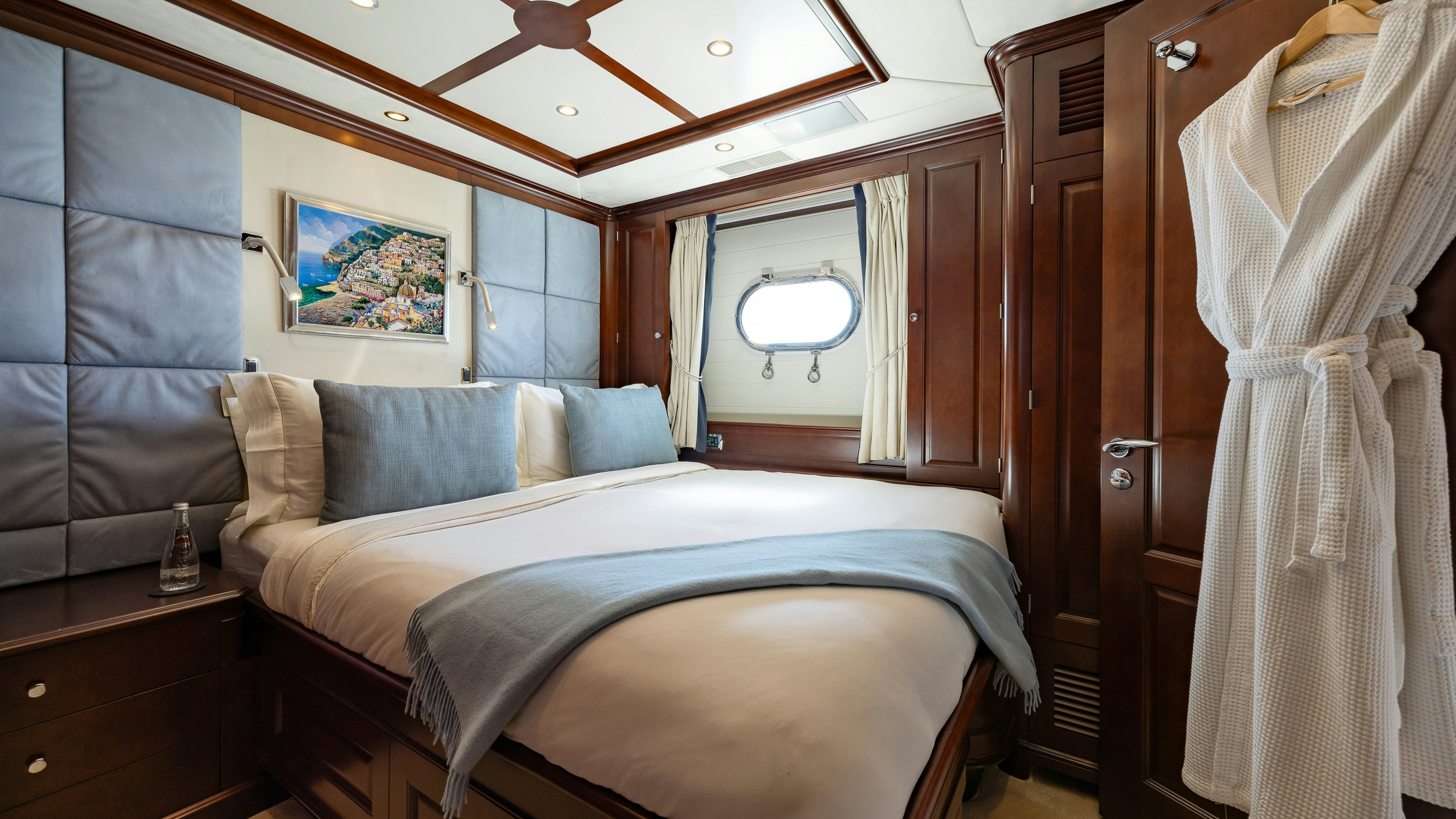 a bed in a room aboard BUNTY Yacht for Sale