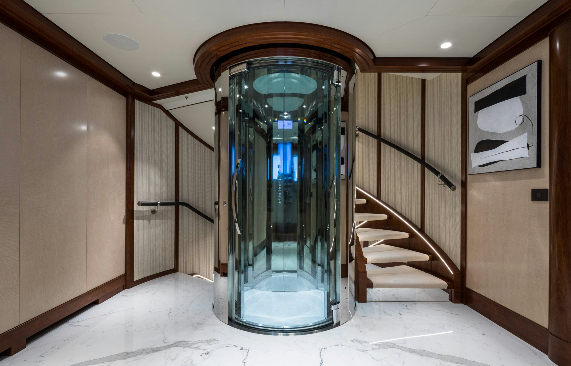 a large glass shower in a room aboard CALEX Yacht for Charter