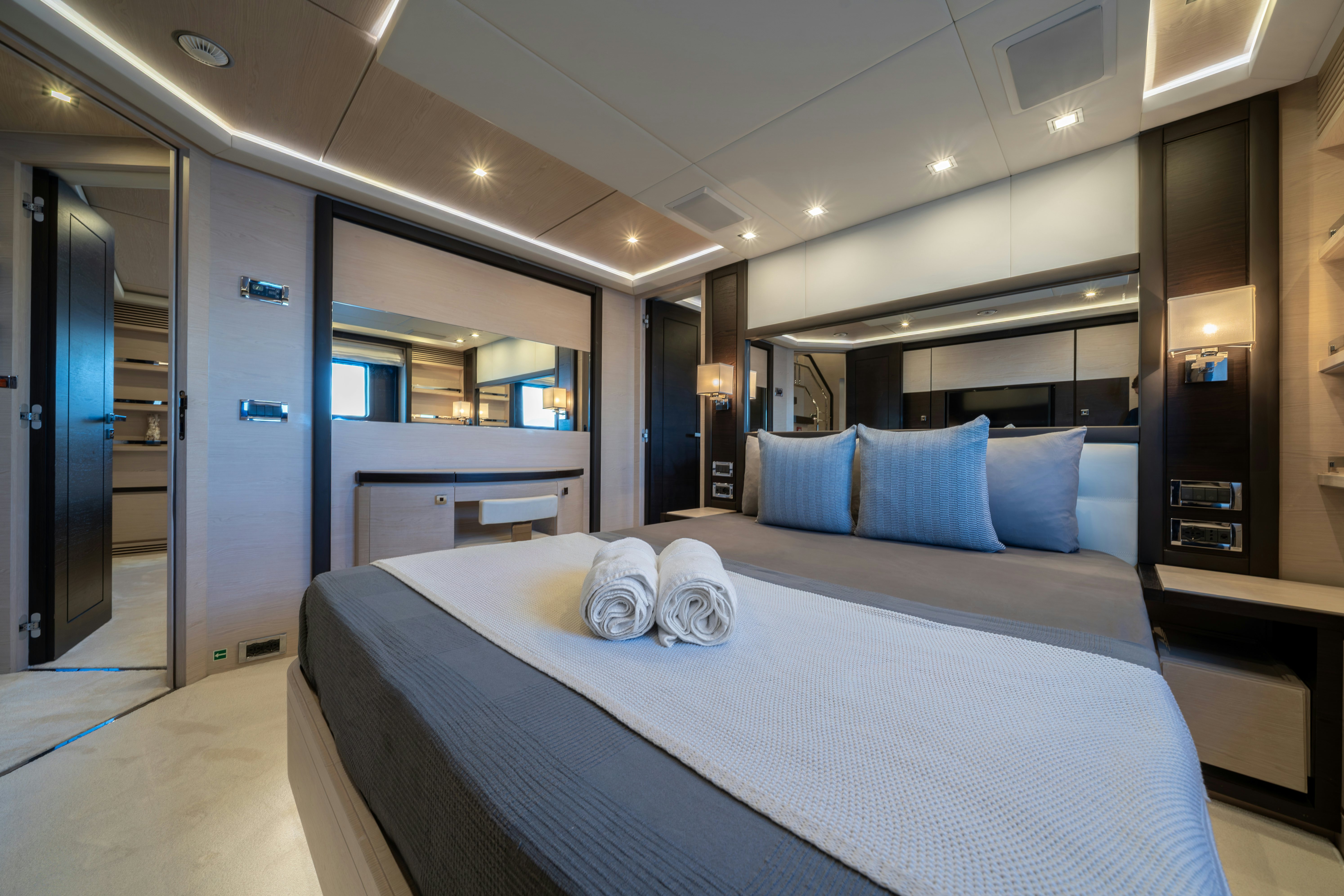a bed in a room aboard HORIZON Yacht for Sale