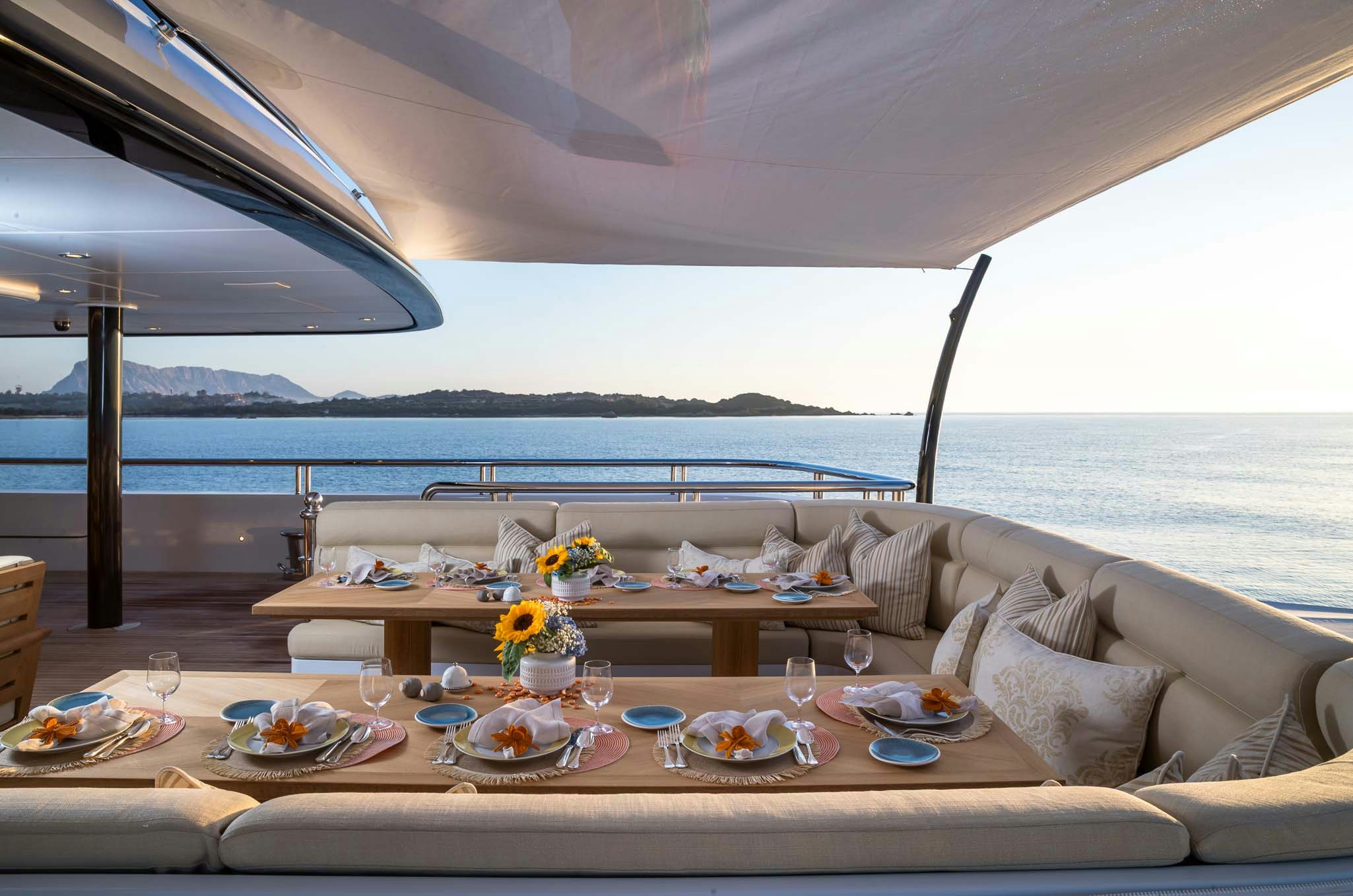 a table with food on it aboard STARFIRE Yacht for Charter
