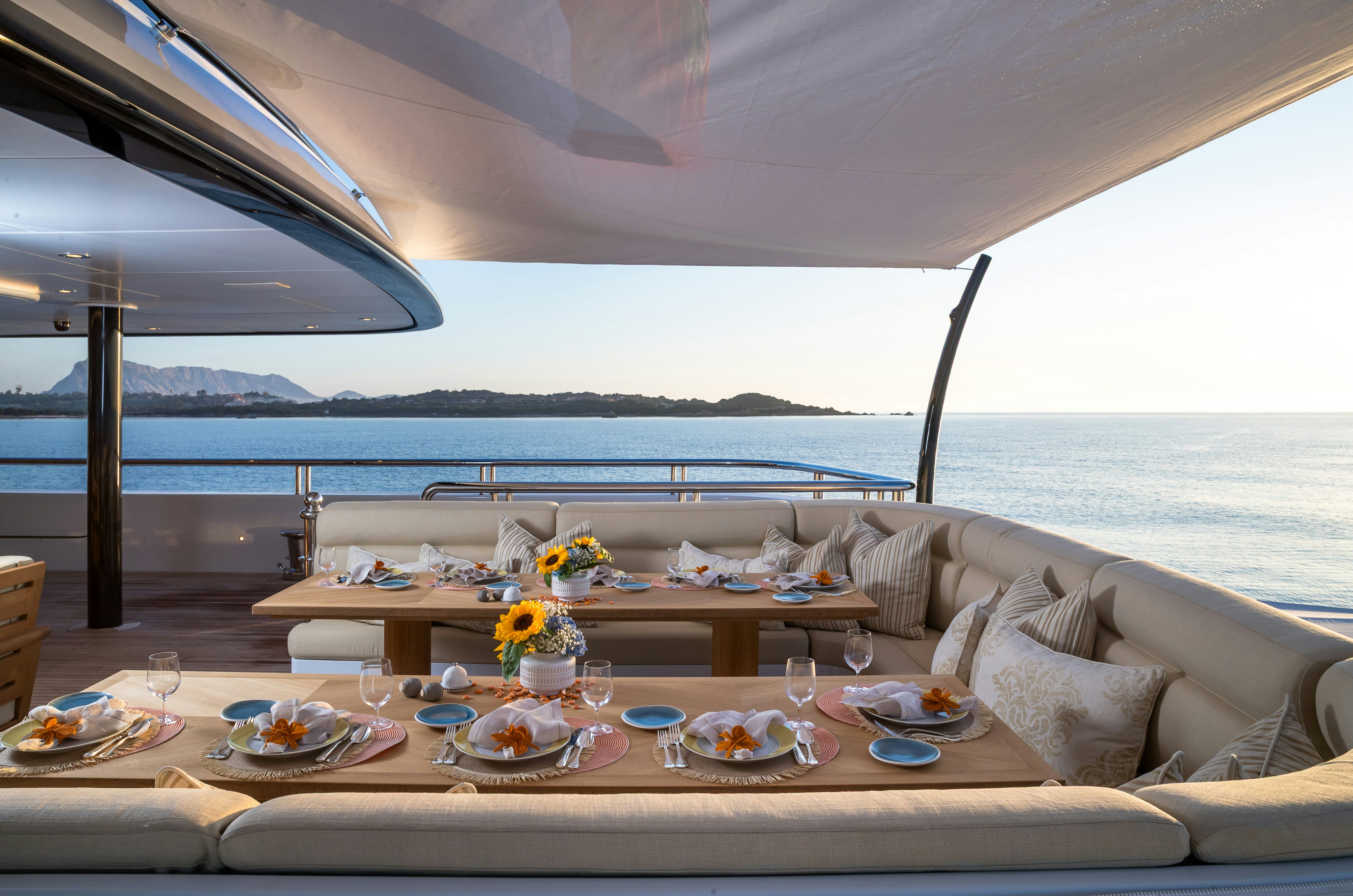 a table with food on it aboard STARFIRE Yacht for Charter