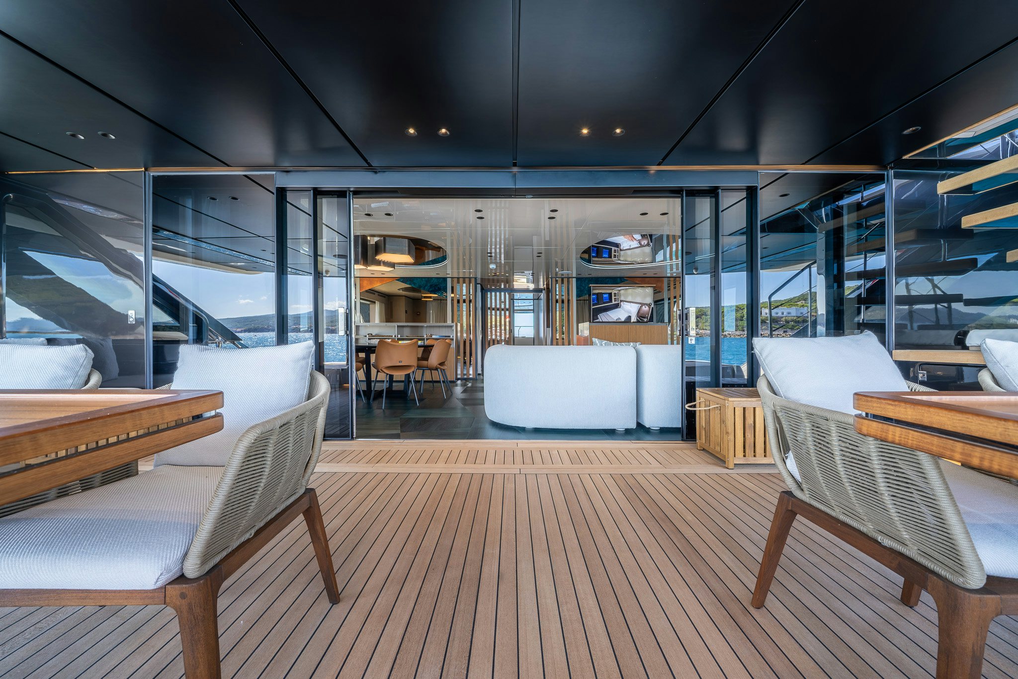 a room with a view of the city aboard ACALI Yacht for Sale