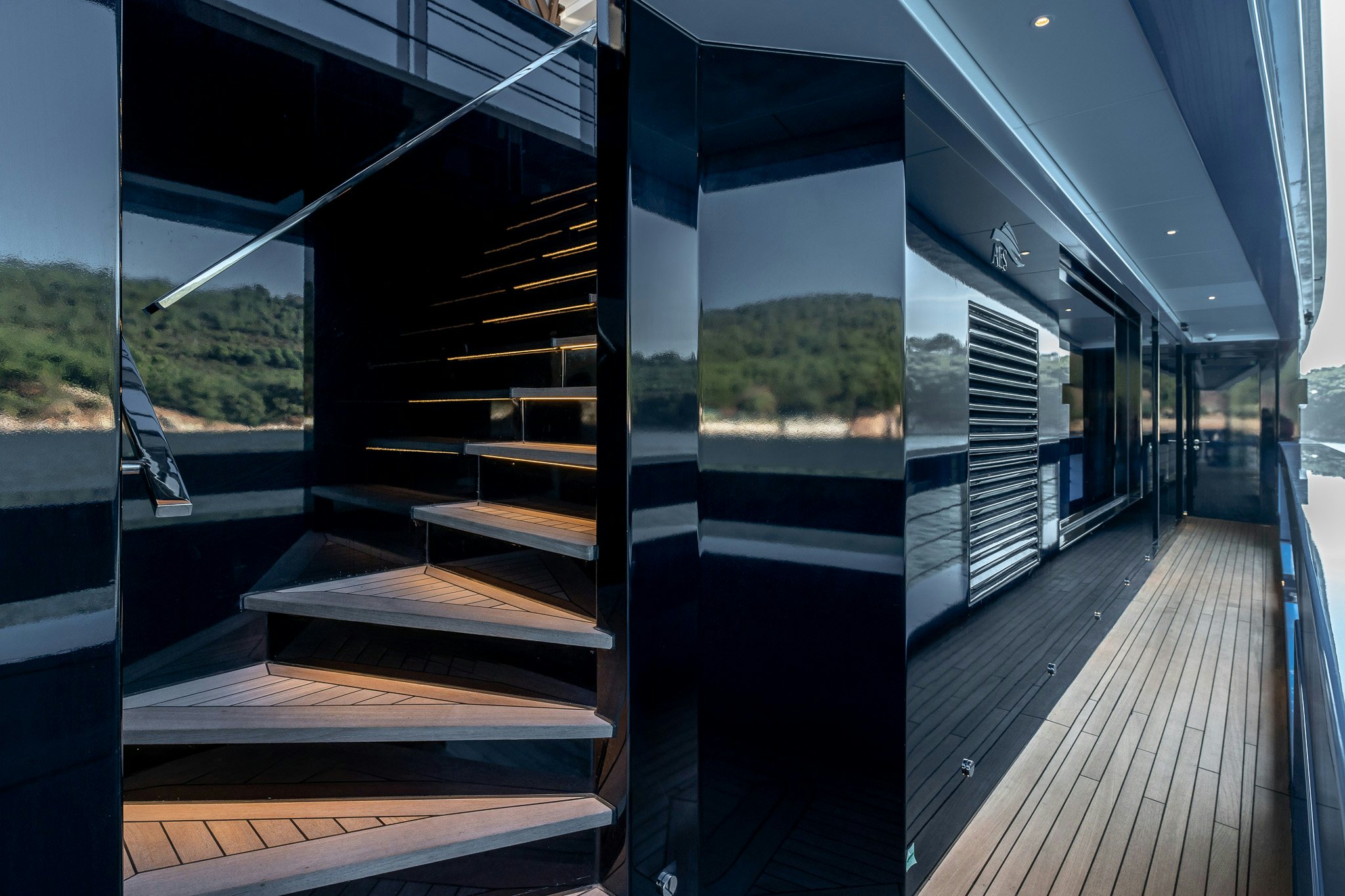 a glass door leading to a balcony aboard MERELEY I Yacht for Sale