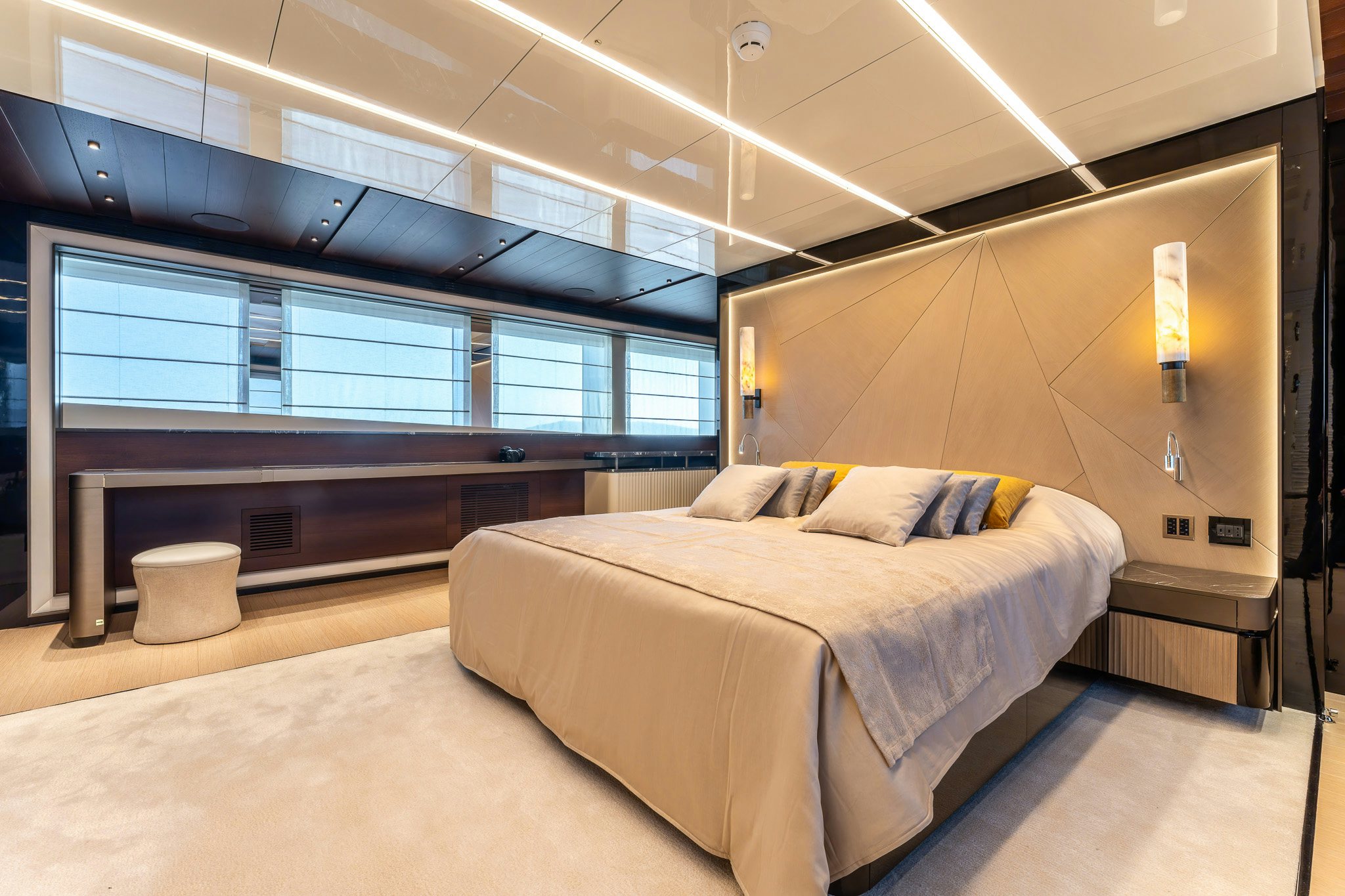 a large bed in a room aboard MERELEY I Yacht for Sale