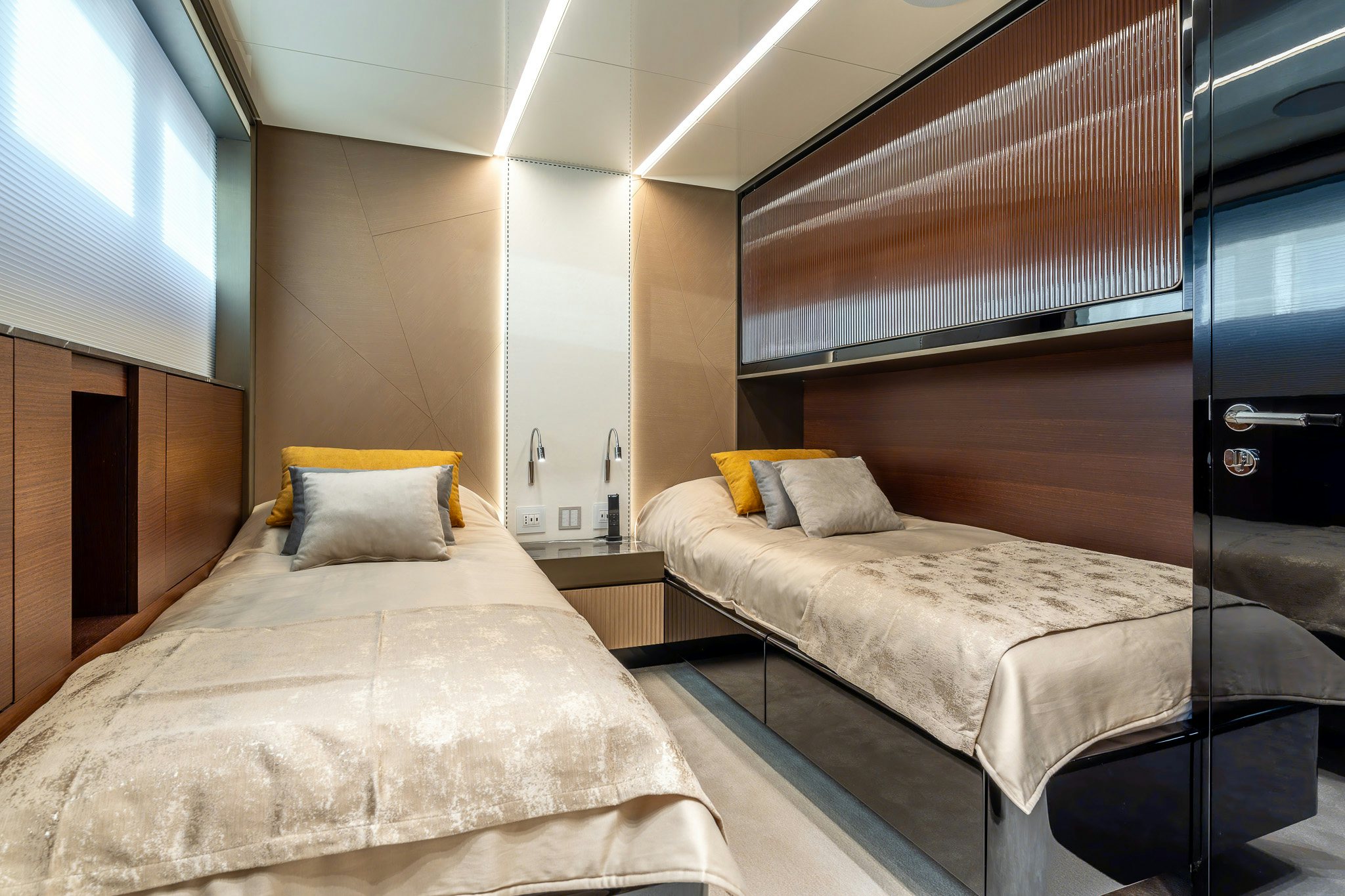 a room with two beds aboard MERELEY I Yacht for Sale