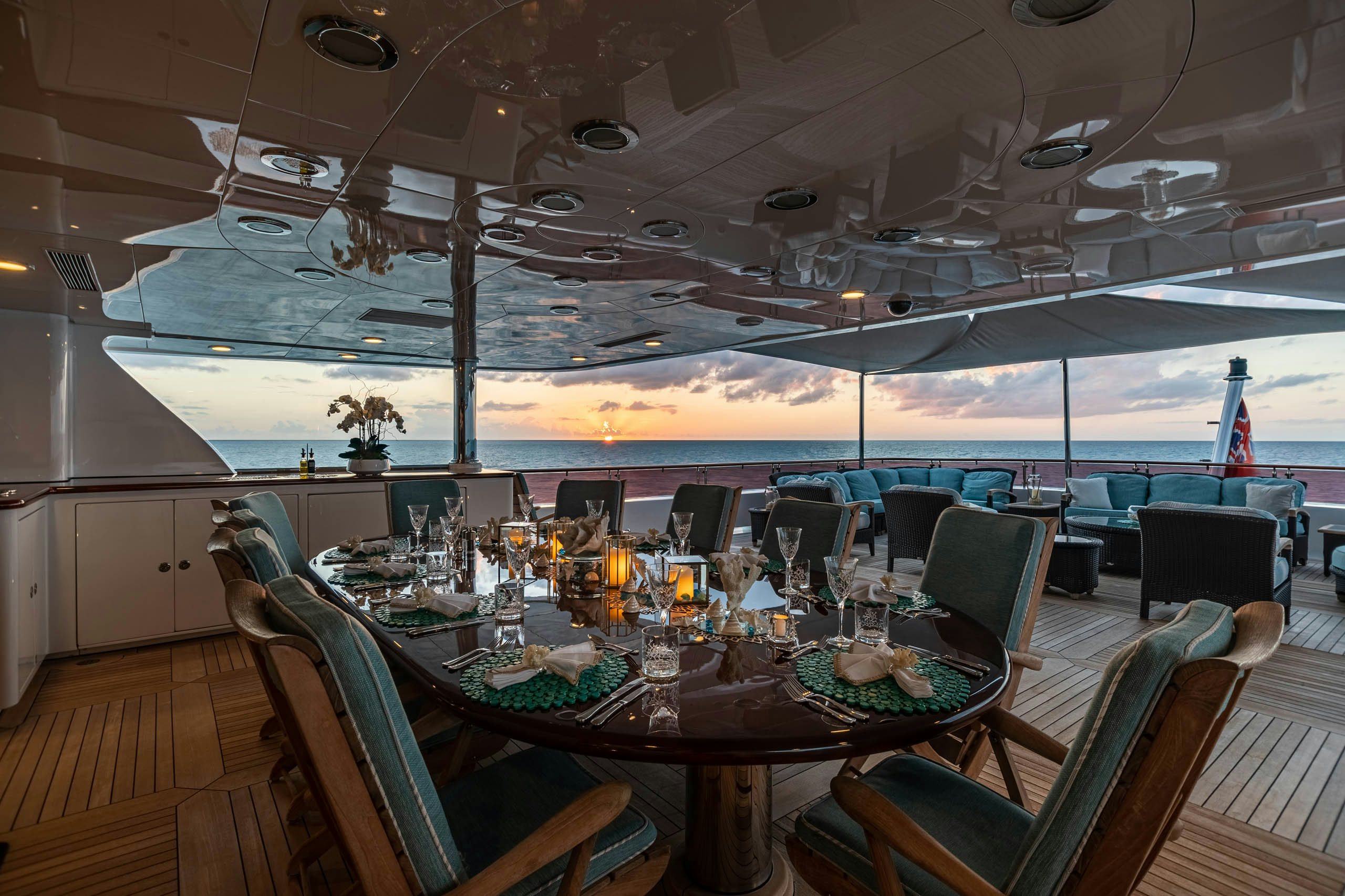 a dining room with a large table aboard UNBRIDLED Yacht for Charter