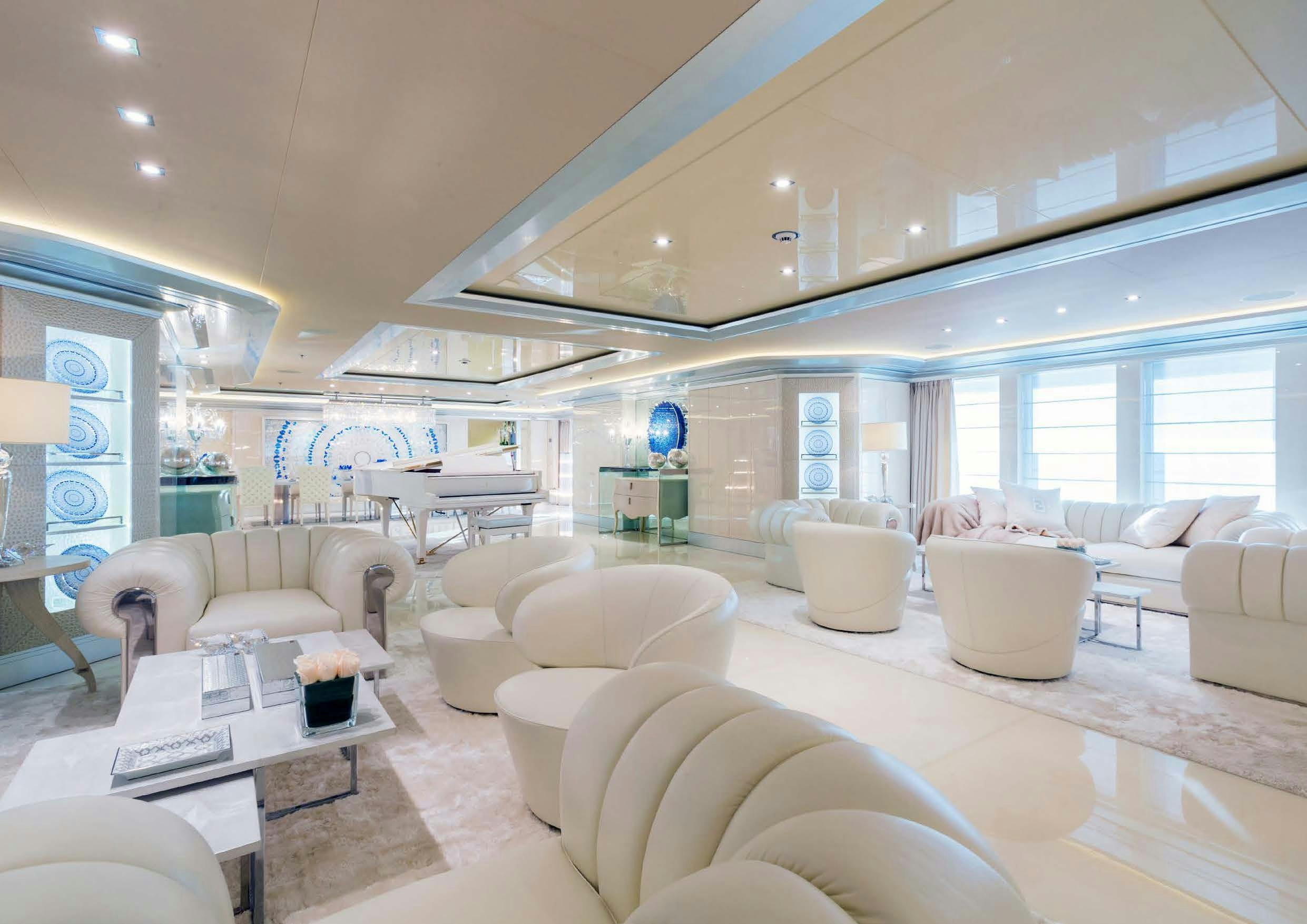 a living room with a large window aboard LADY LARA Yacht for Sale