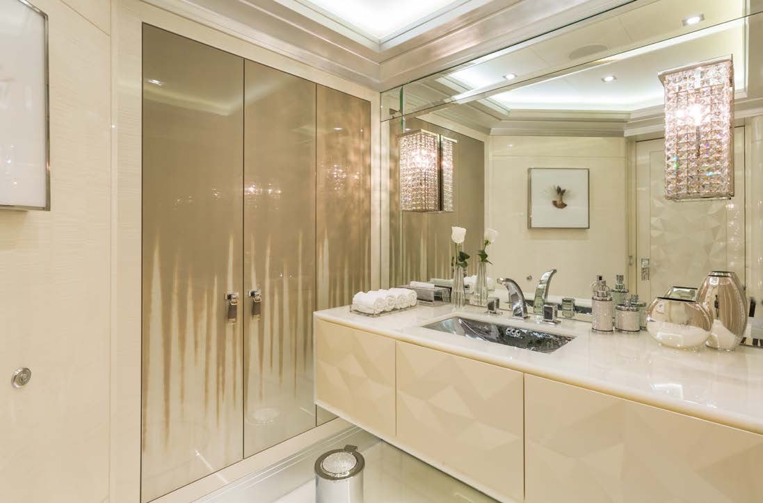 a bathroom with a sink and a shower aboard LADY LARA Yacht for Sale