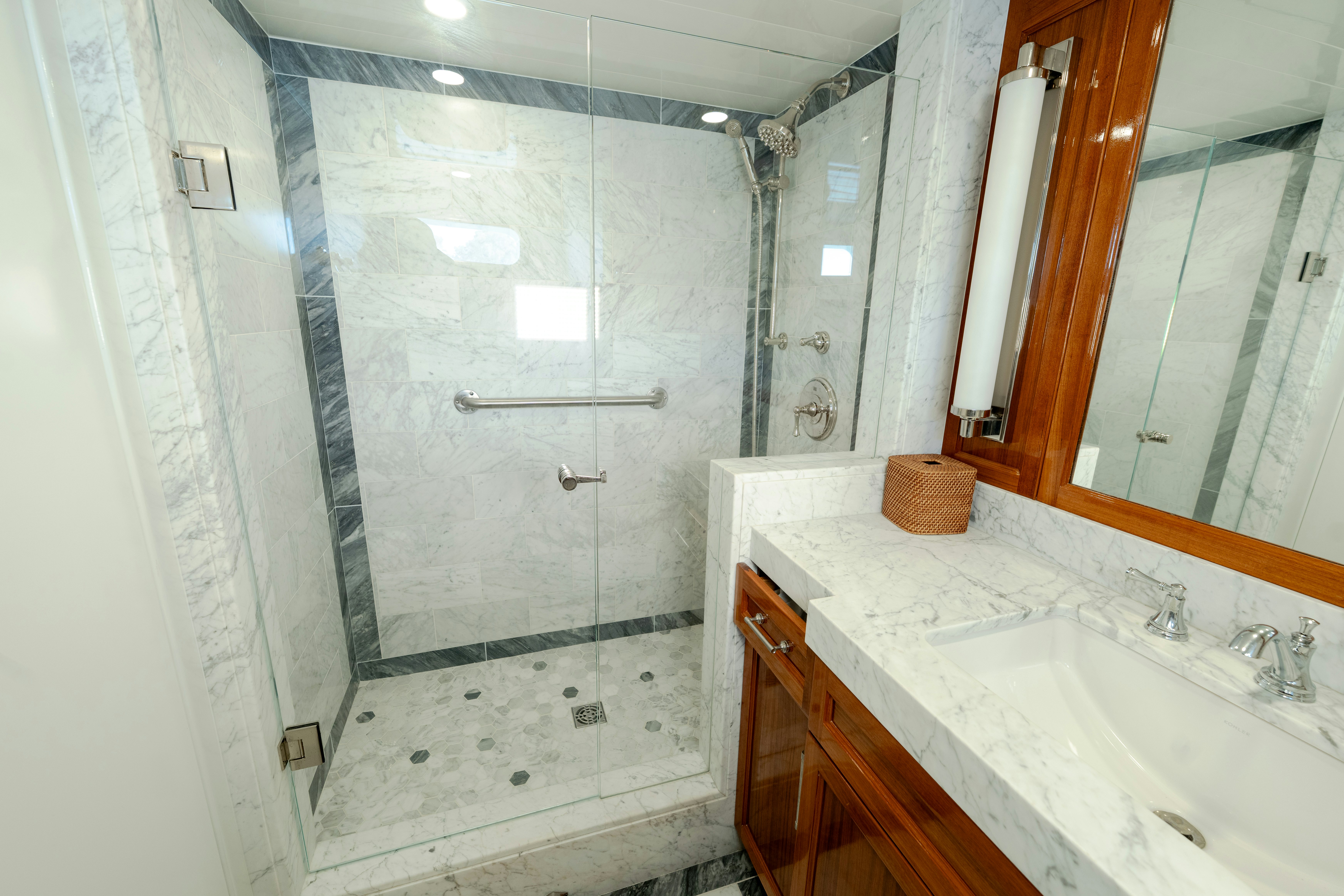 a bathroom with a shower aboard NORDIC STAR Yacht for Sale
