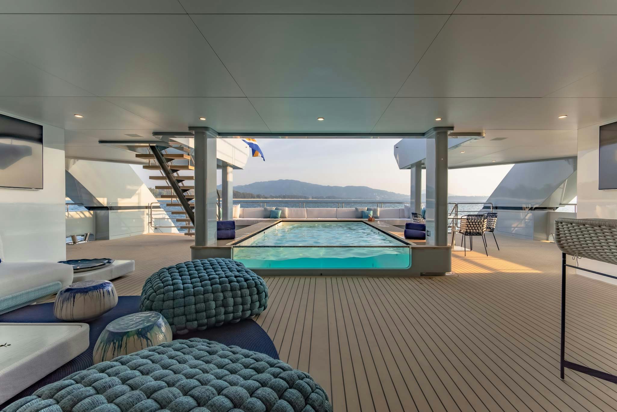 a pool table in a room aboard SPACECAT Yacht for Charter