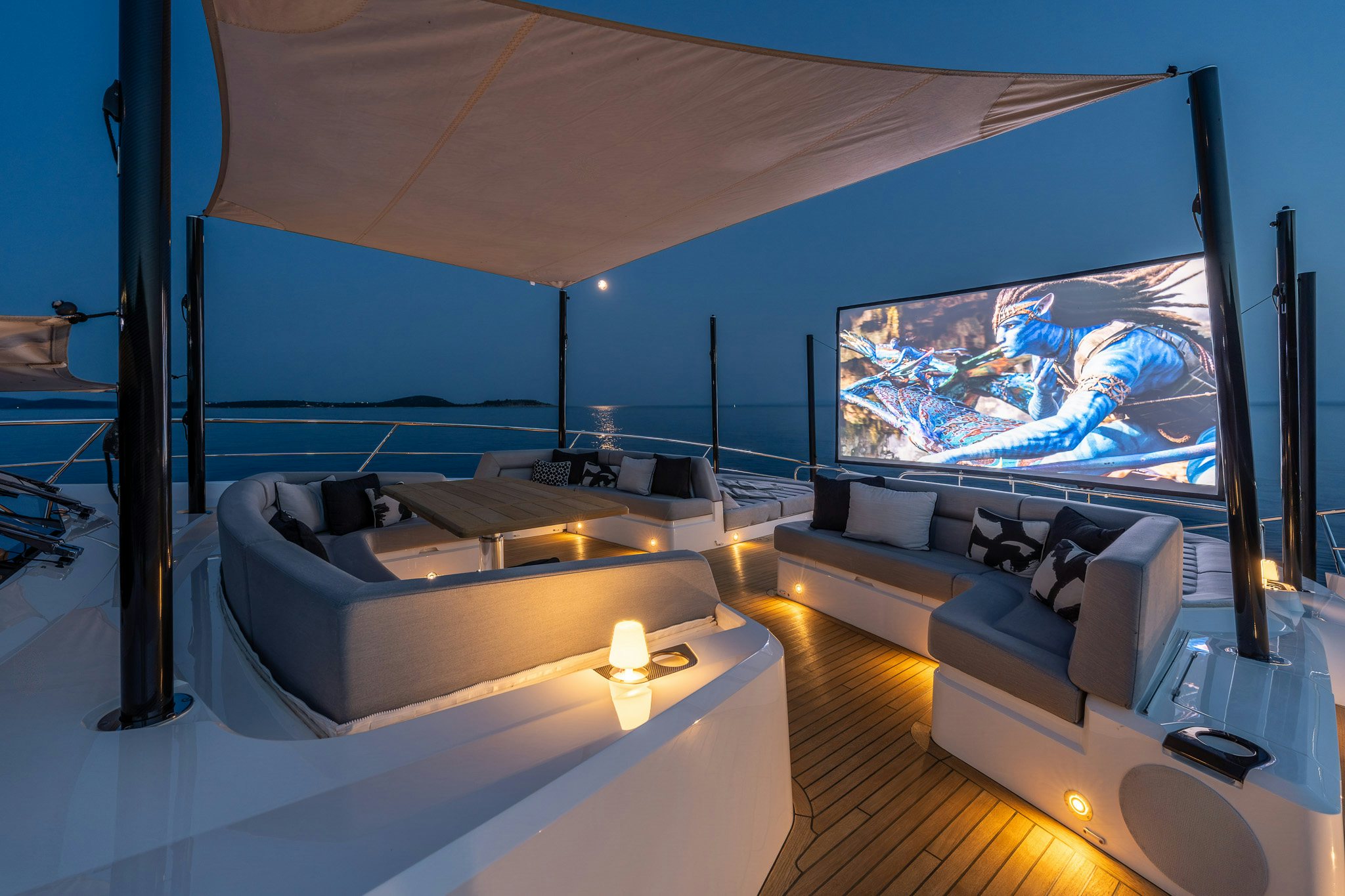 a room with a large screen aboard NOROADER Yacht for Sale
