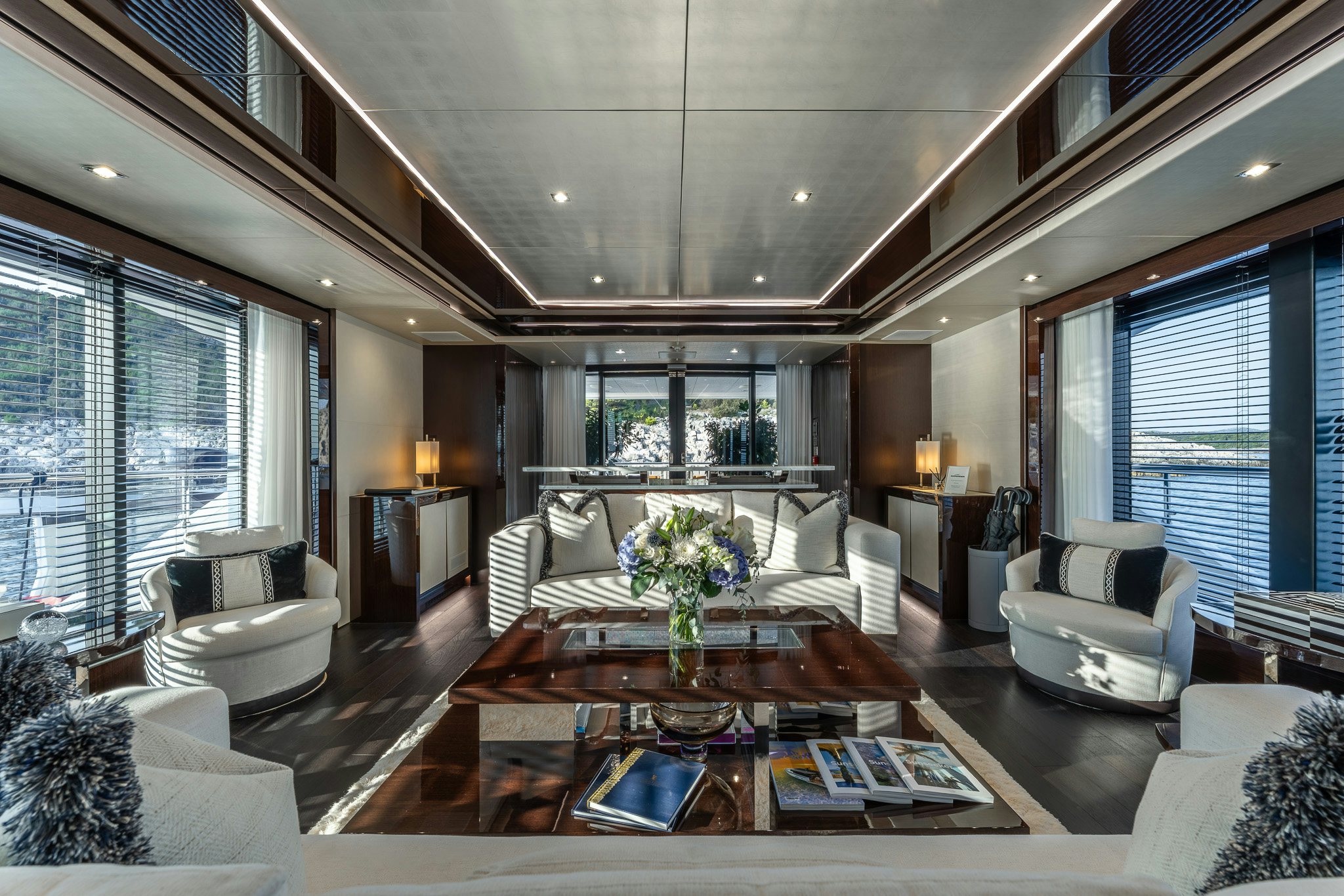 a living room with a large open floor plan aboard NOROADER Yacht for Sale
