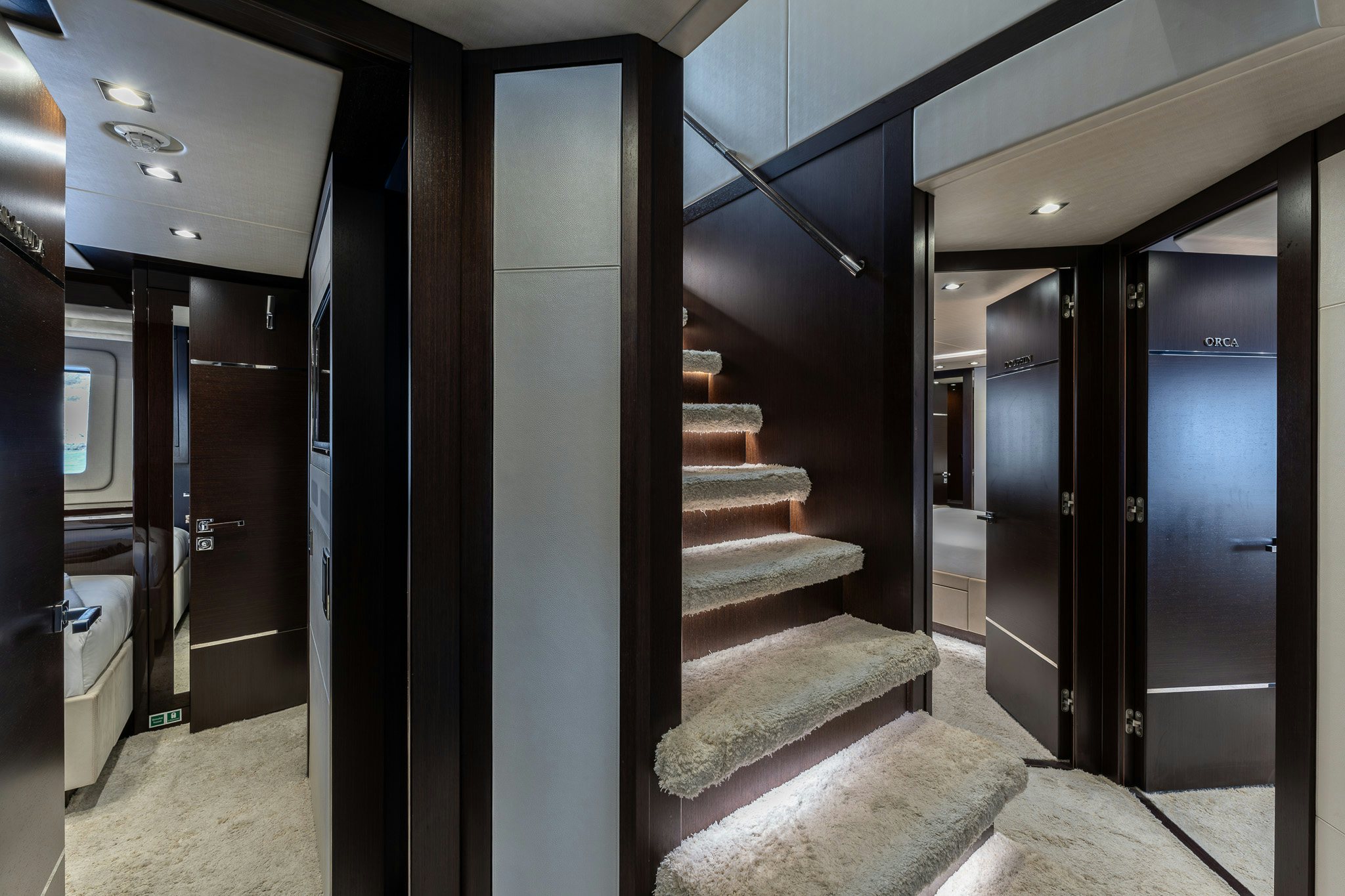 a hallway with a set of doors aboard NOROADER Yacht for Sale