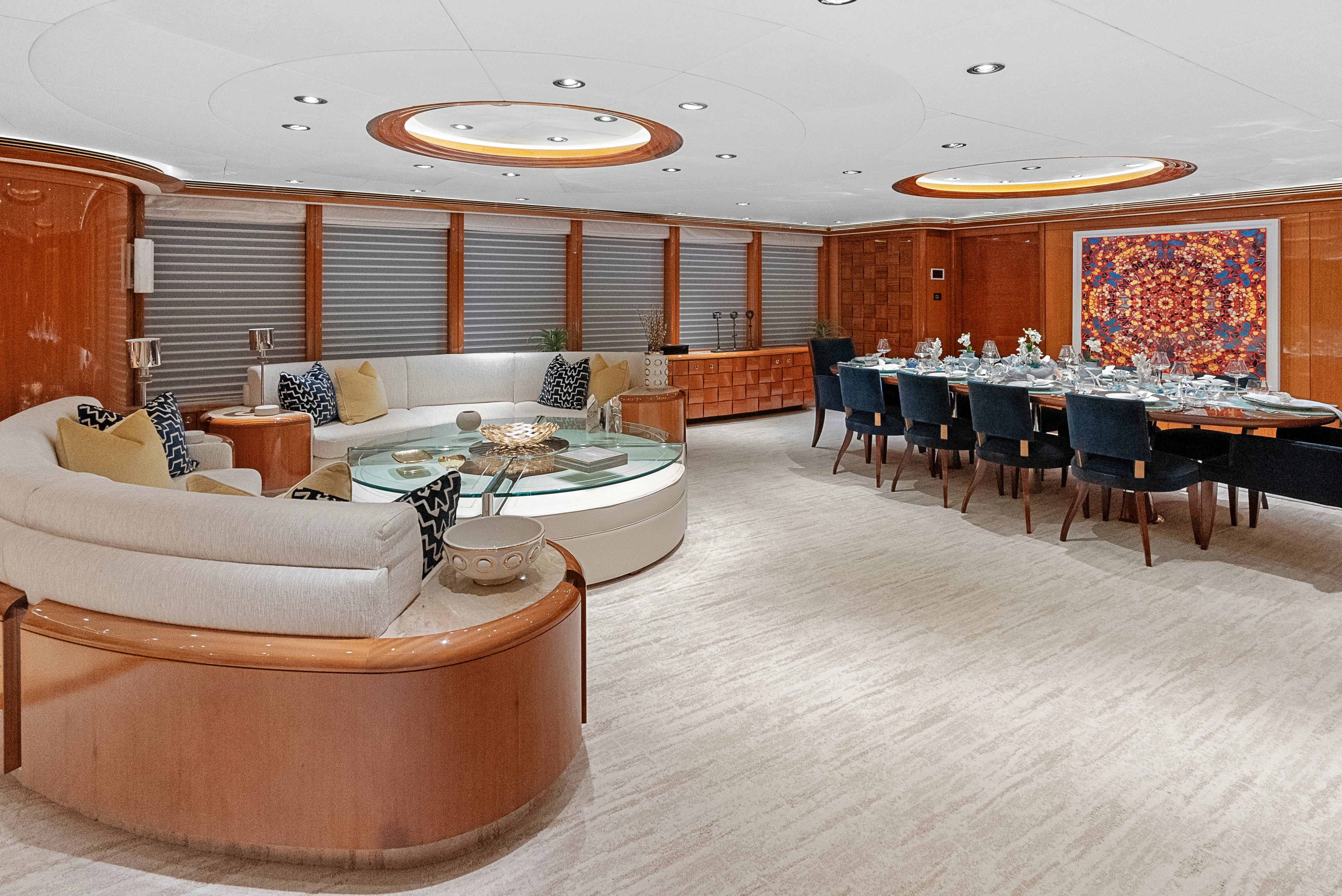 a large living room with a large open floor plan aboard AMICA MEA Yacht for Sale
