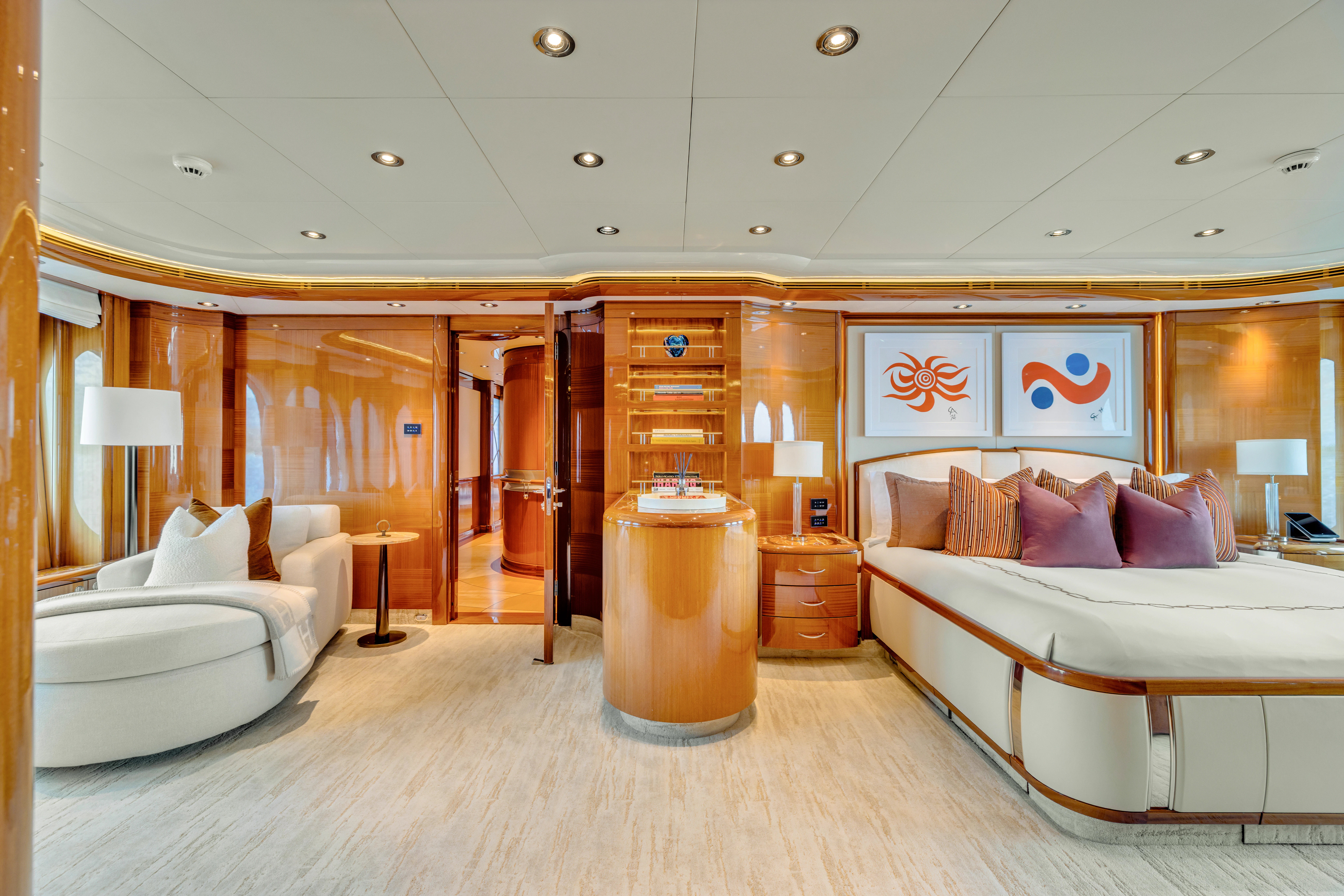 a large bedroom with a large bed aboard AMICA MEA Yacht for Sale