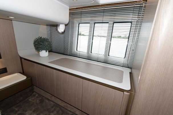 a bathroom with a large window aboard ENDLESS SUMMER Yacht for Sale