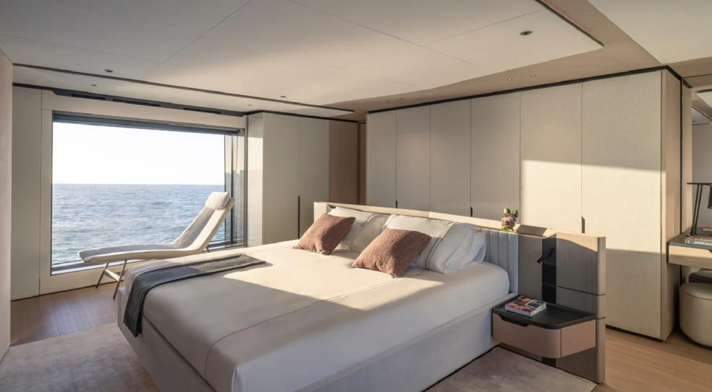 a bed in a room aboard ILMA Yacht for Charter