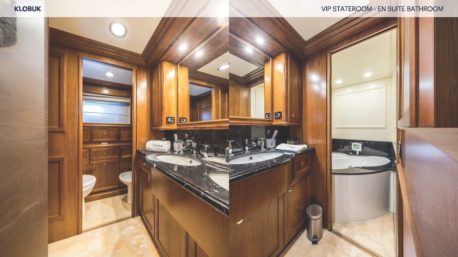 a bathroom with wooden cabinets aboard KLOBUK Yacht for Charter