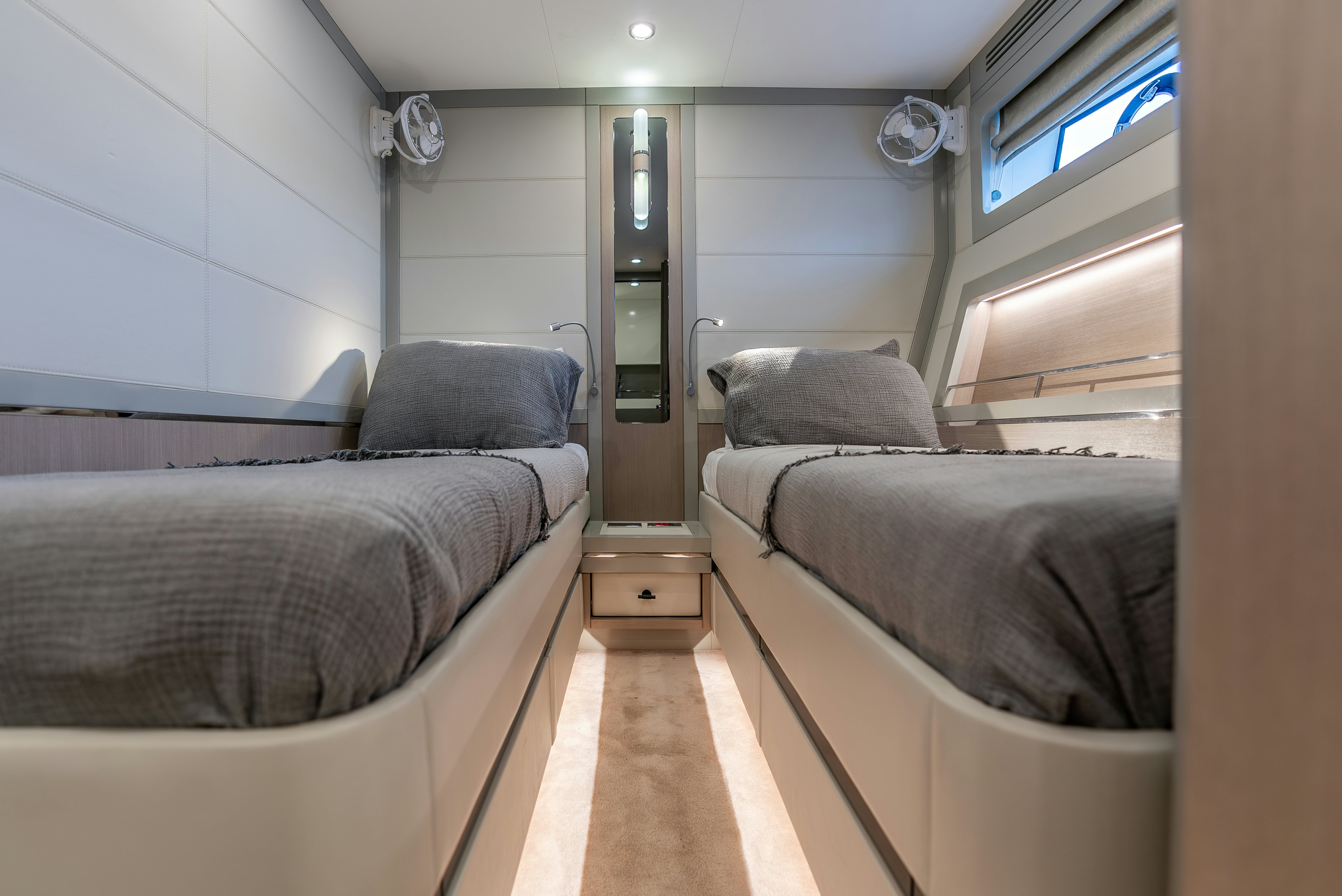 a room with two beds aboard GALENE IV Yacht for Sale