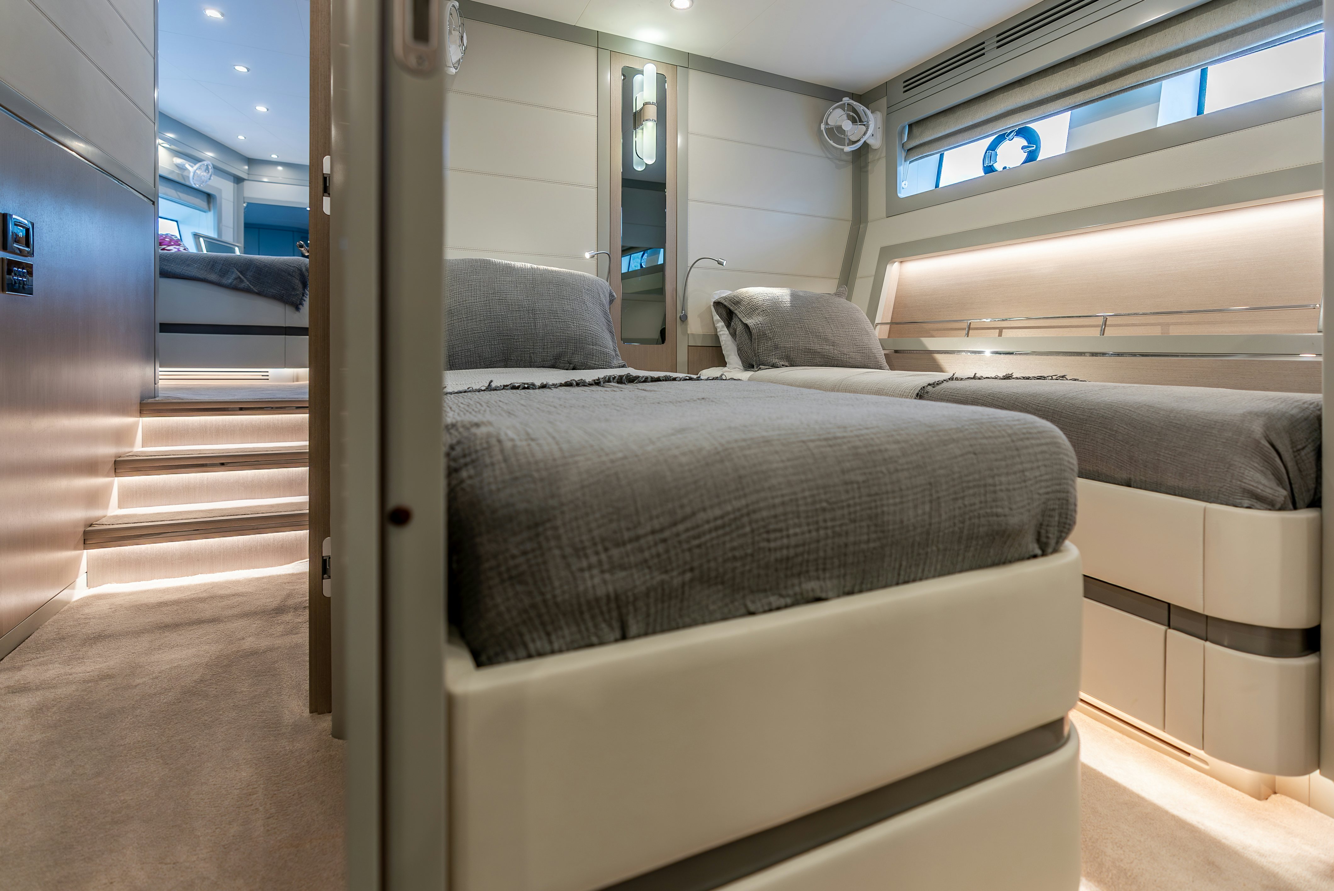 a couch in a train aboard GALENE IV Yacht for Sale