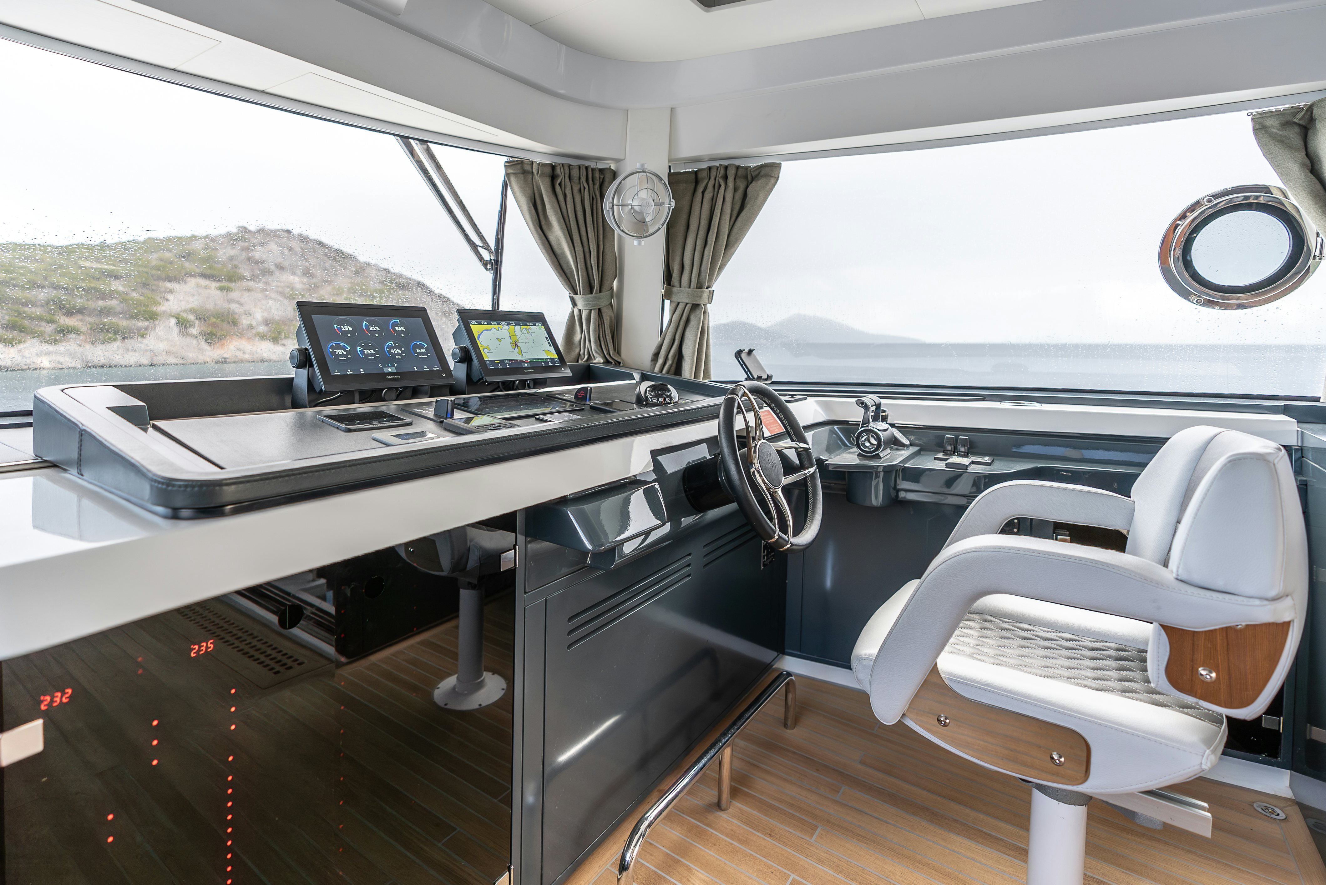a boat with a desk and chairs aboard GALENE IV Yacht for Sale