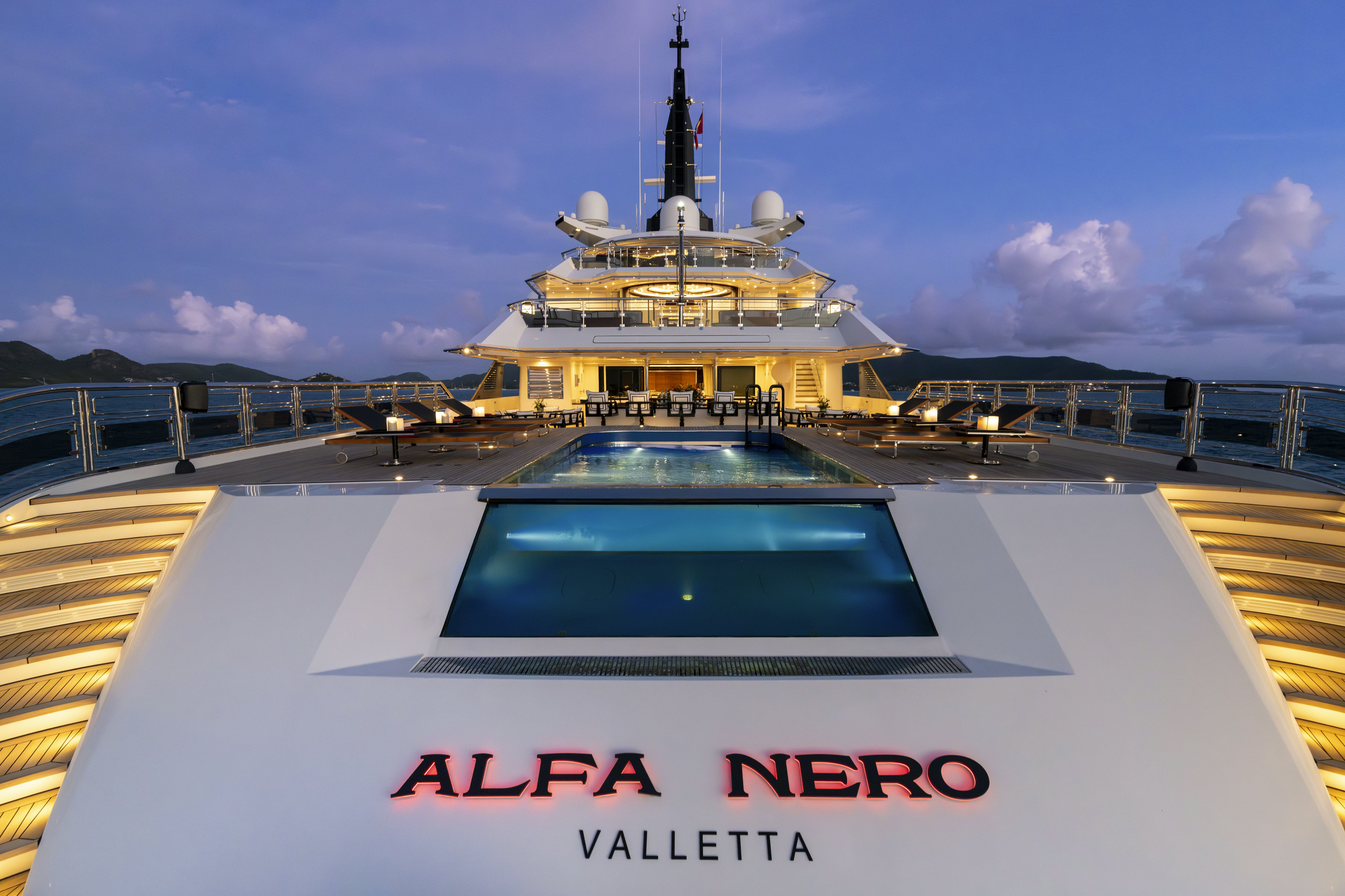a building with a tower aboard ALFA NERO Yacht for Sale