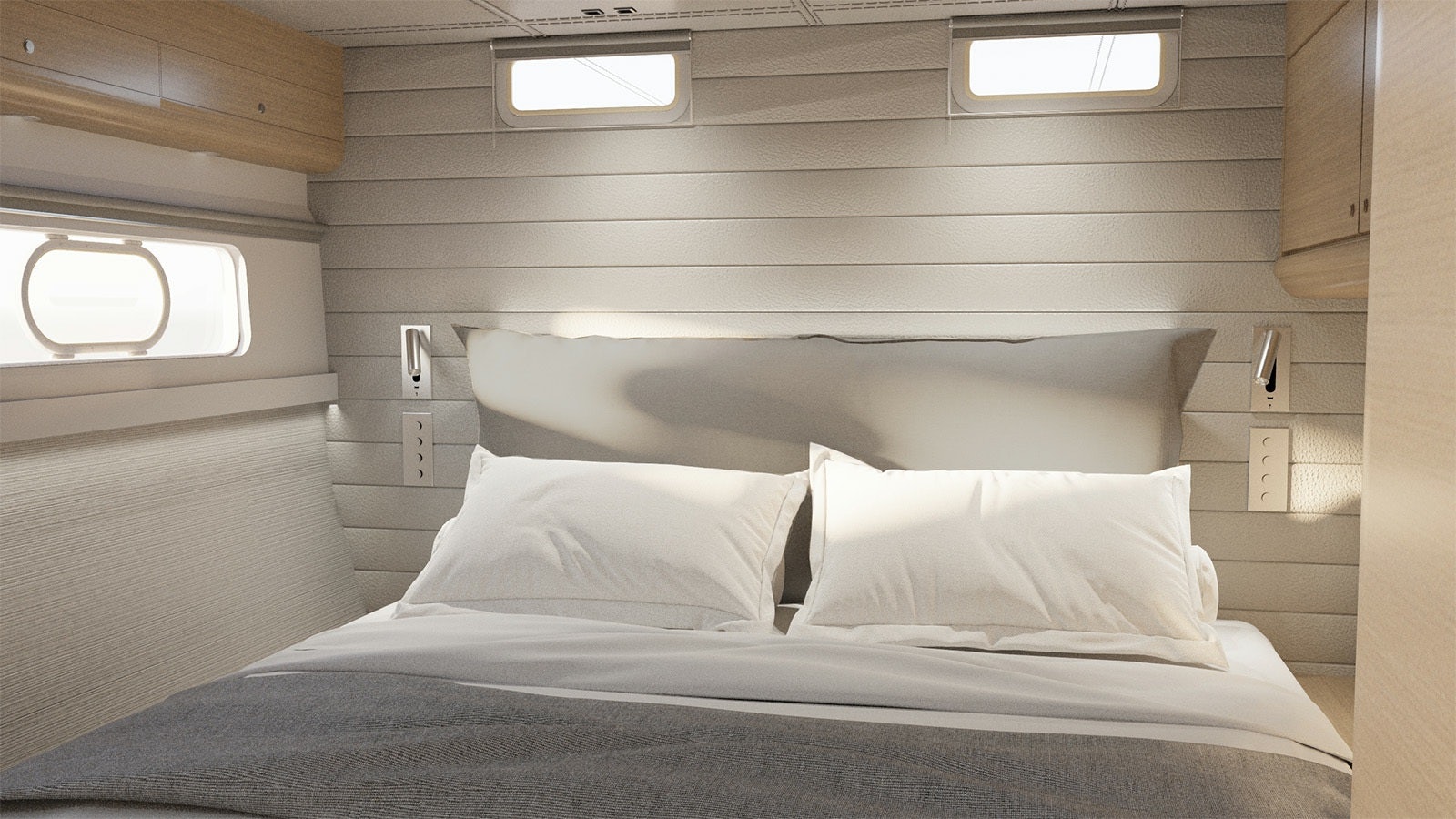 a bed with white sheets aboard SAMELI Yacht for Charter