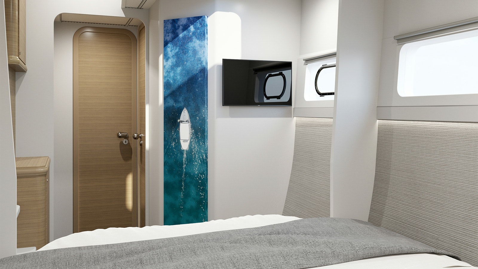 a room with a bed and a television on the wall aboard SAMELI Yacht for Charter