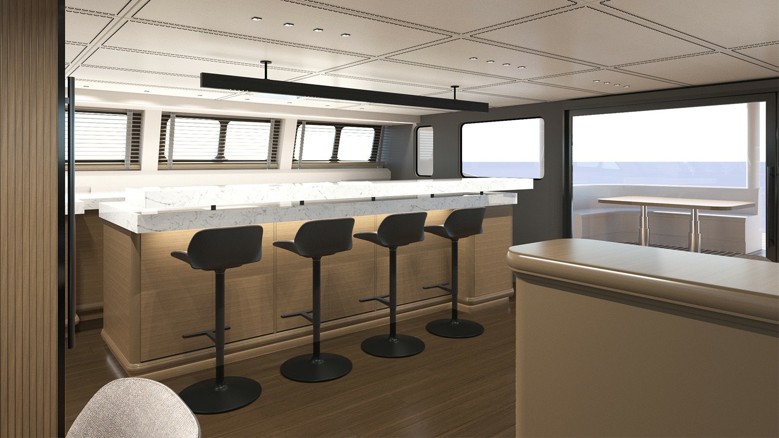 a room with stools and a table and chairs aboard SAMELI Yacht for Charter