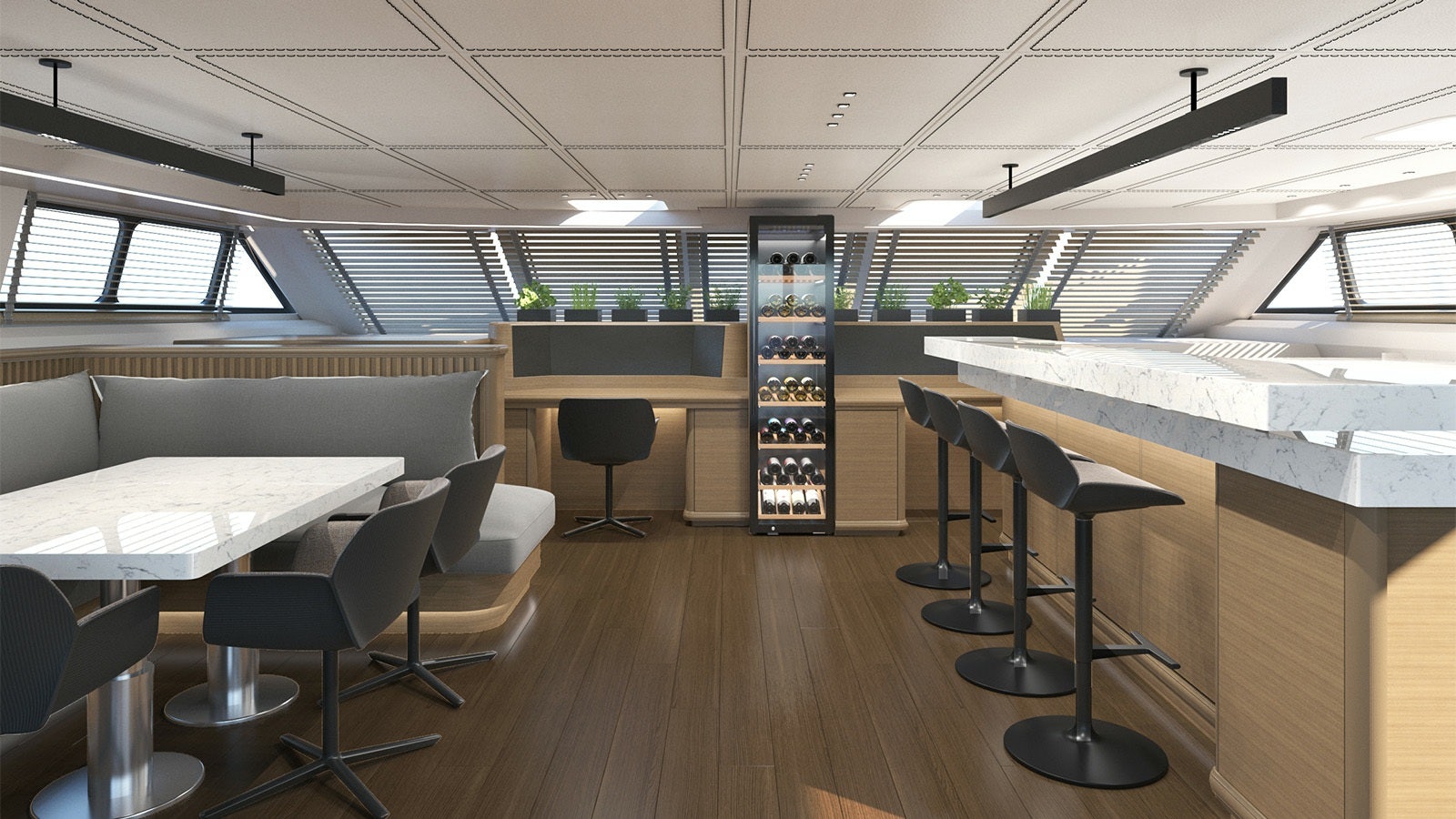 a room with tables and chairs aboard SAMELI Yacht for Charter