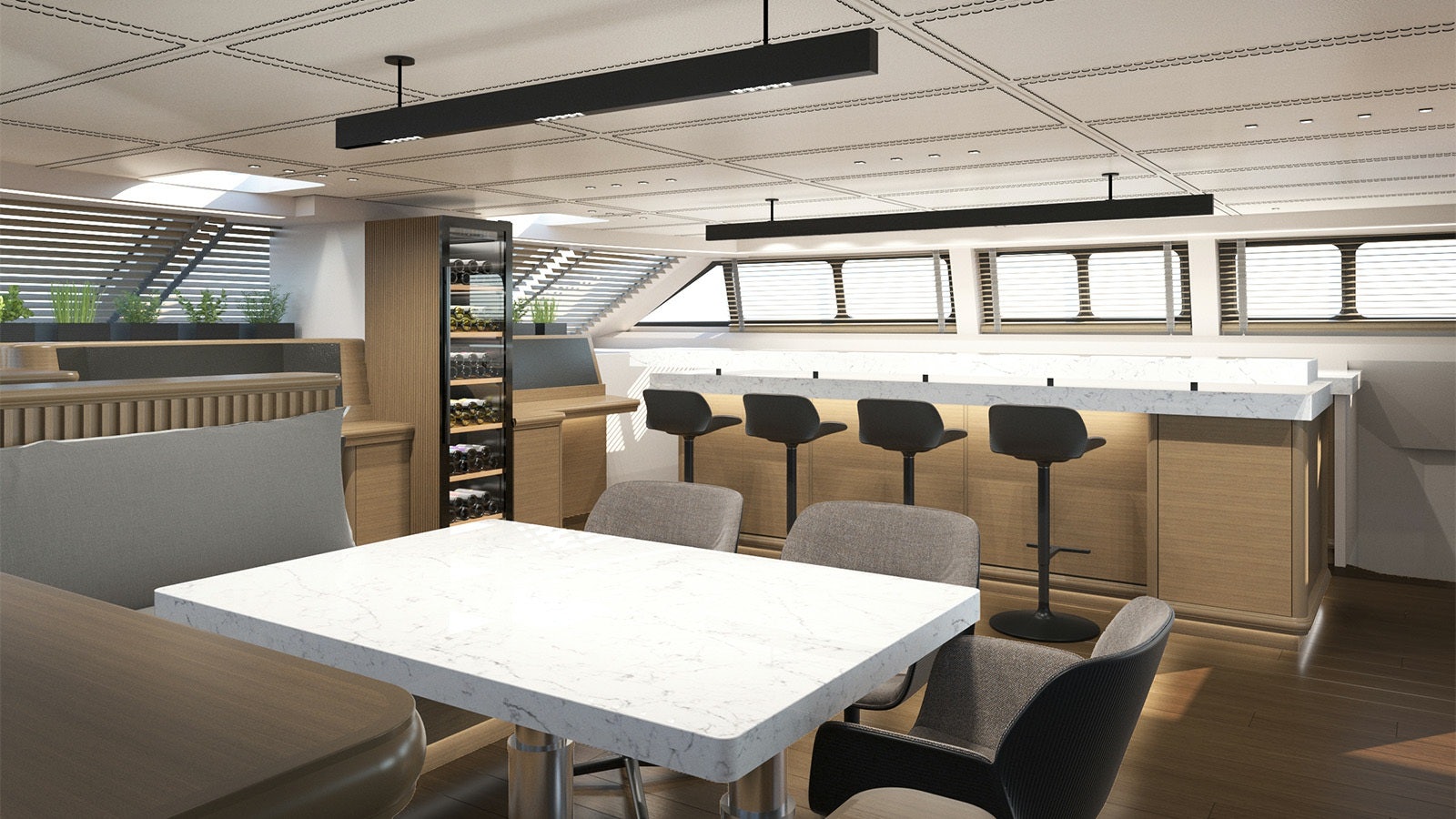a room with tables and chairs aboard SAMELI Yacht for Charter